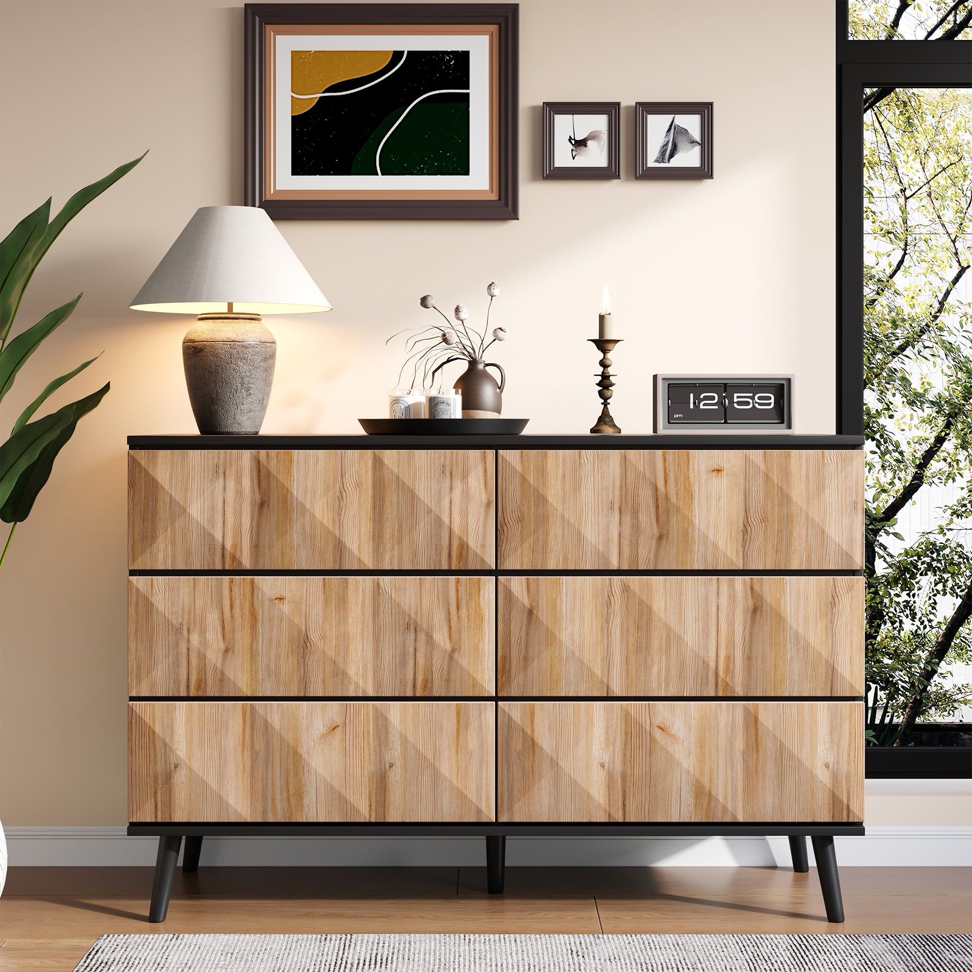 Sideboard and Chest of Drawers, Raised Doors, Black and Natural Wood