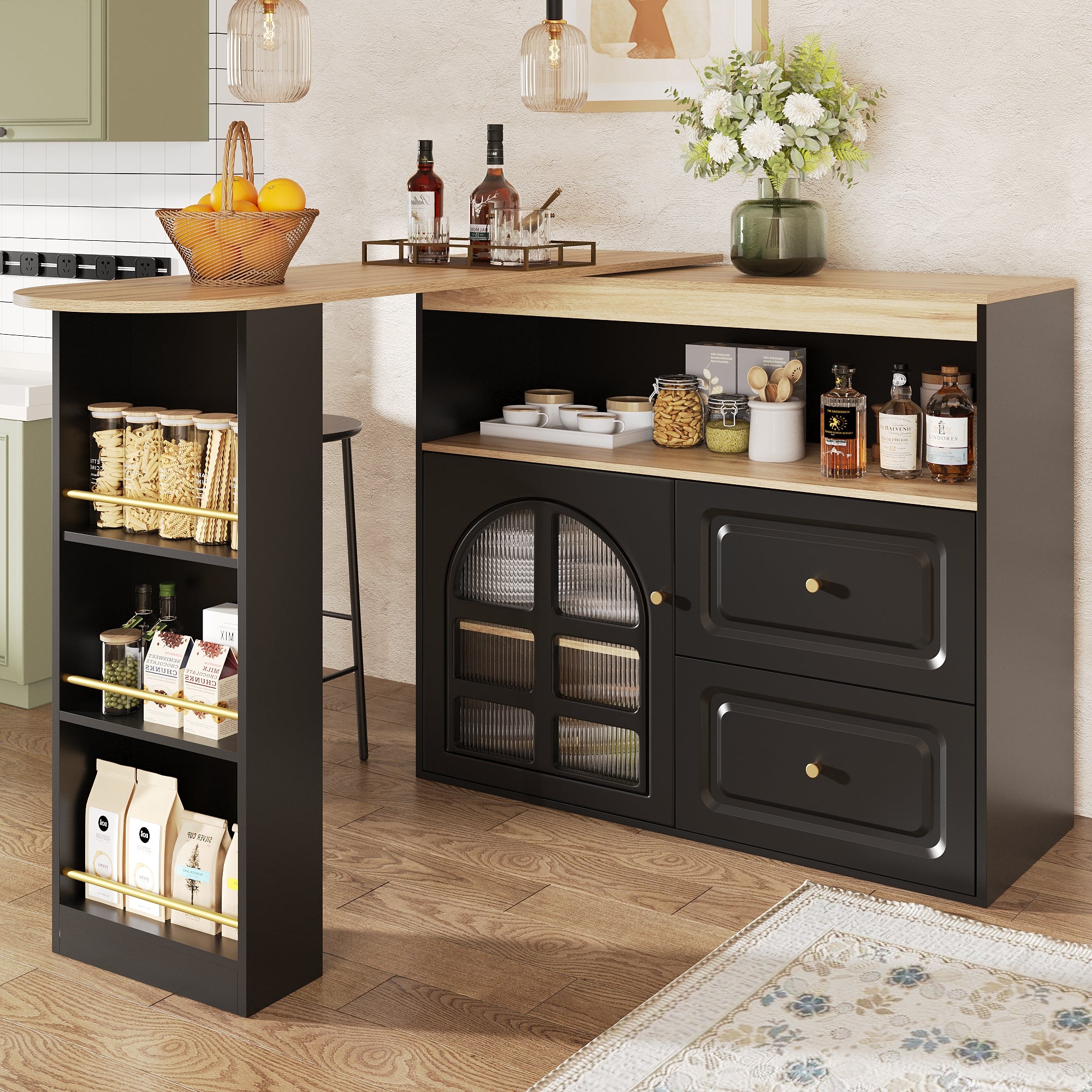 360° Rotating Dining Bar Storage with 2 Drawers Curved Glass - Black