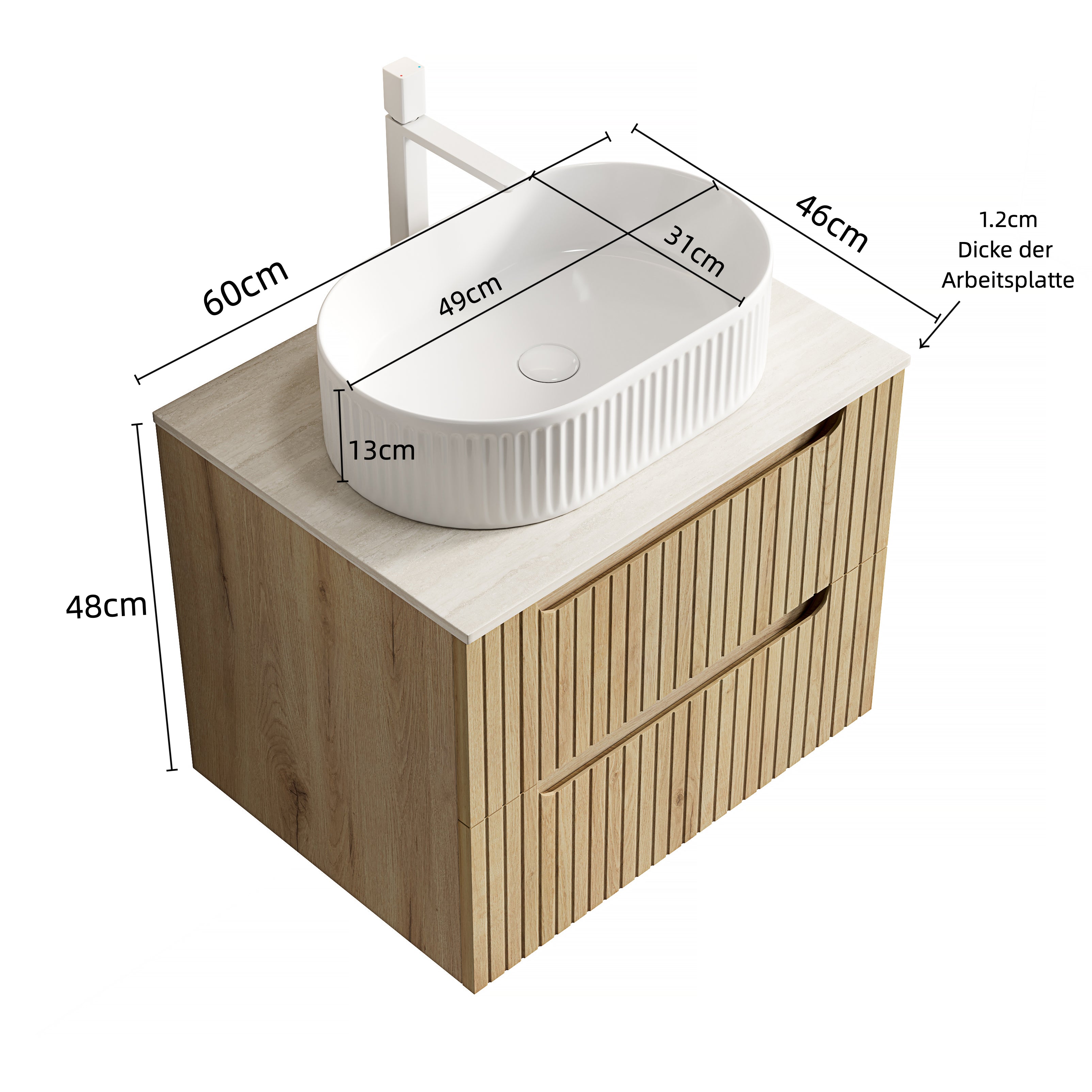 60cm Floating Vanity Oval Sink Sintered Stone Top 2 Drawers - White Oak