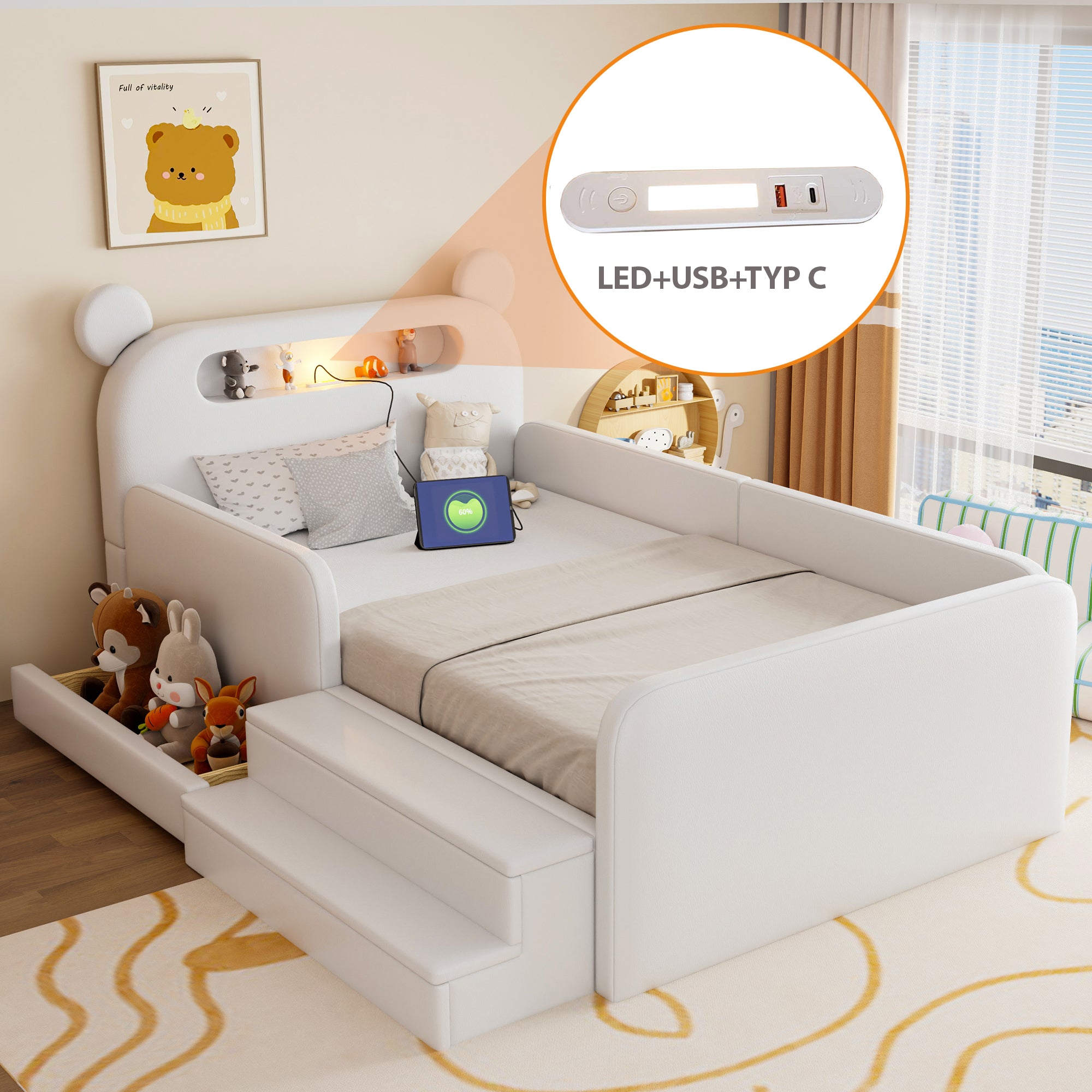 Children's Upholstered Bed 90x200cm Bear Headboard Night Light USB Storage Step Seat White Faux Leather