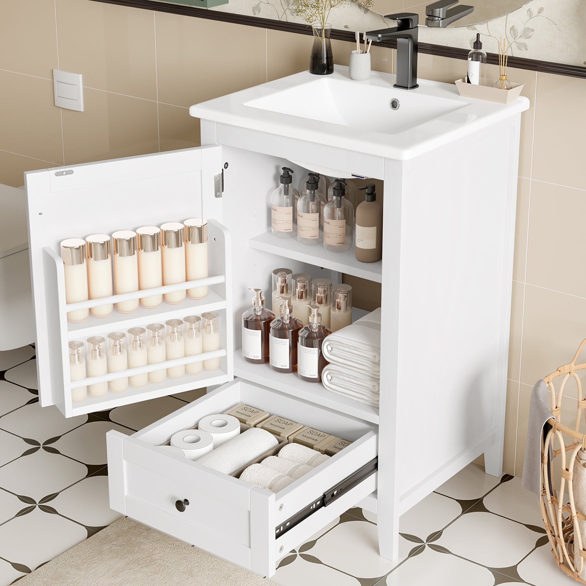 Floor-standing Bathroom Cabinet with Ceramic Sink and Storage Drawer, White