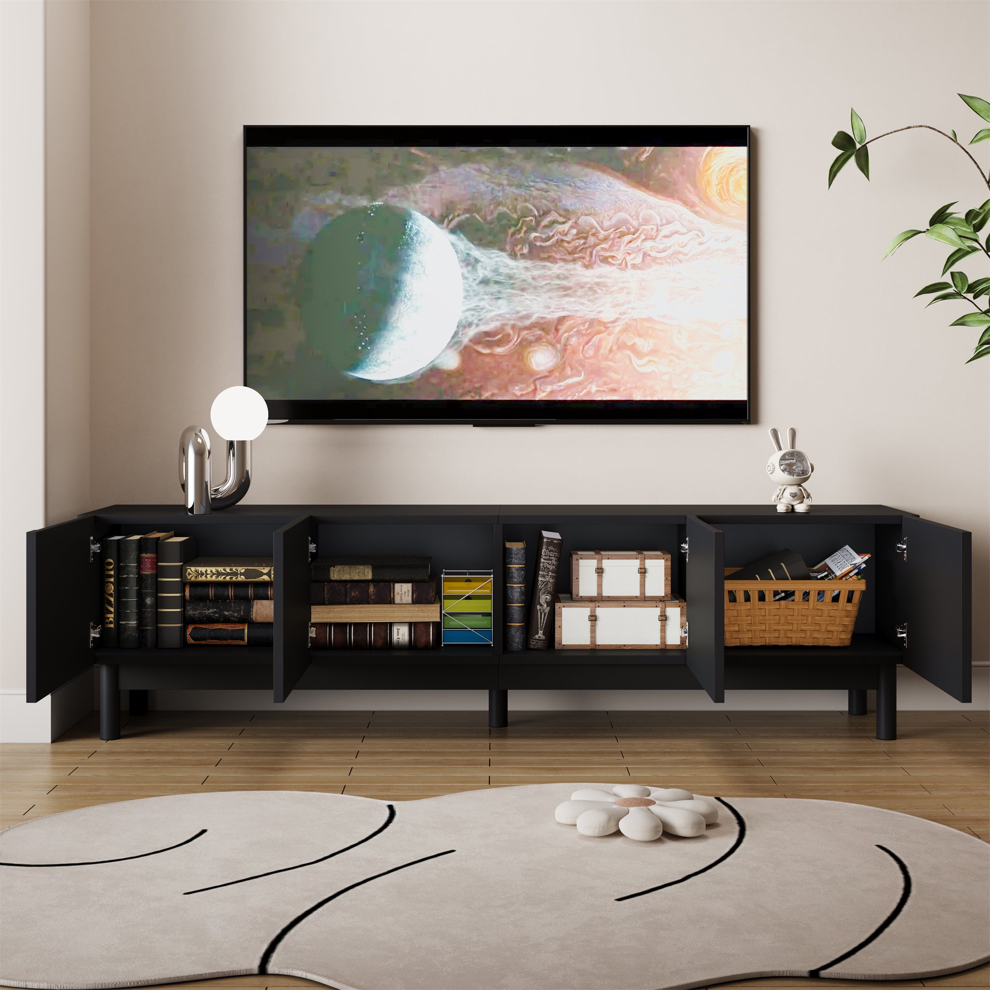 TV Cabinet with Curved Doors, Shelves, and Stabilizing Legs