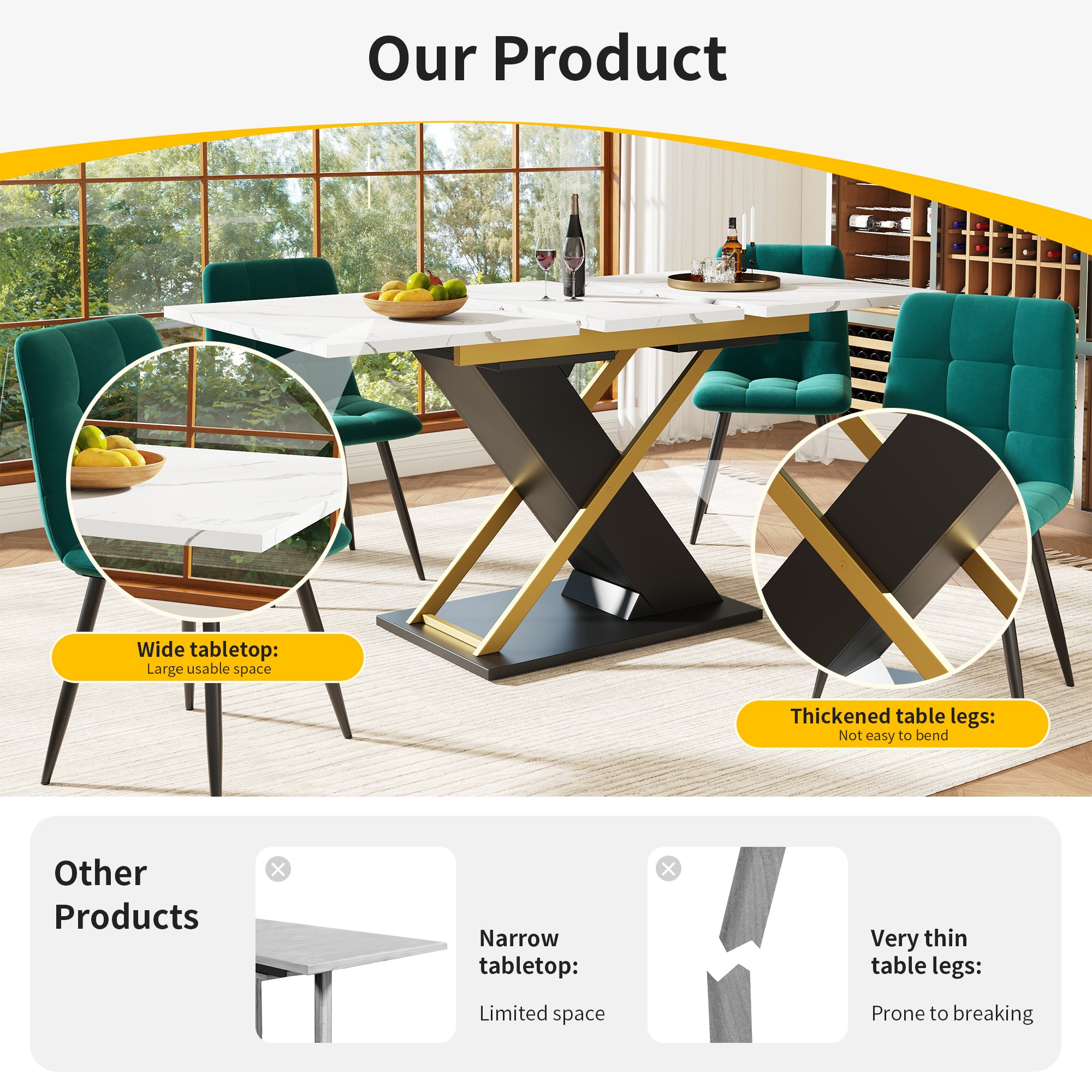 Extendable Dining Table, 120-160 x 80 cm, with Golden Cross Legs