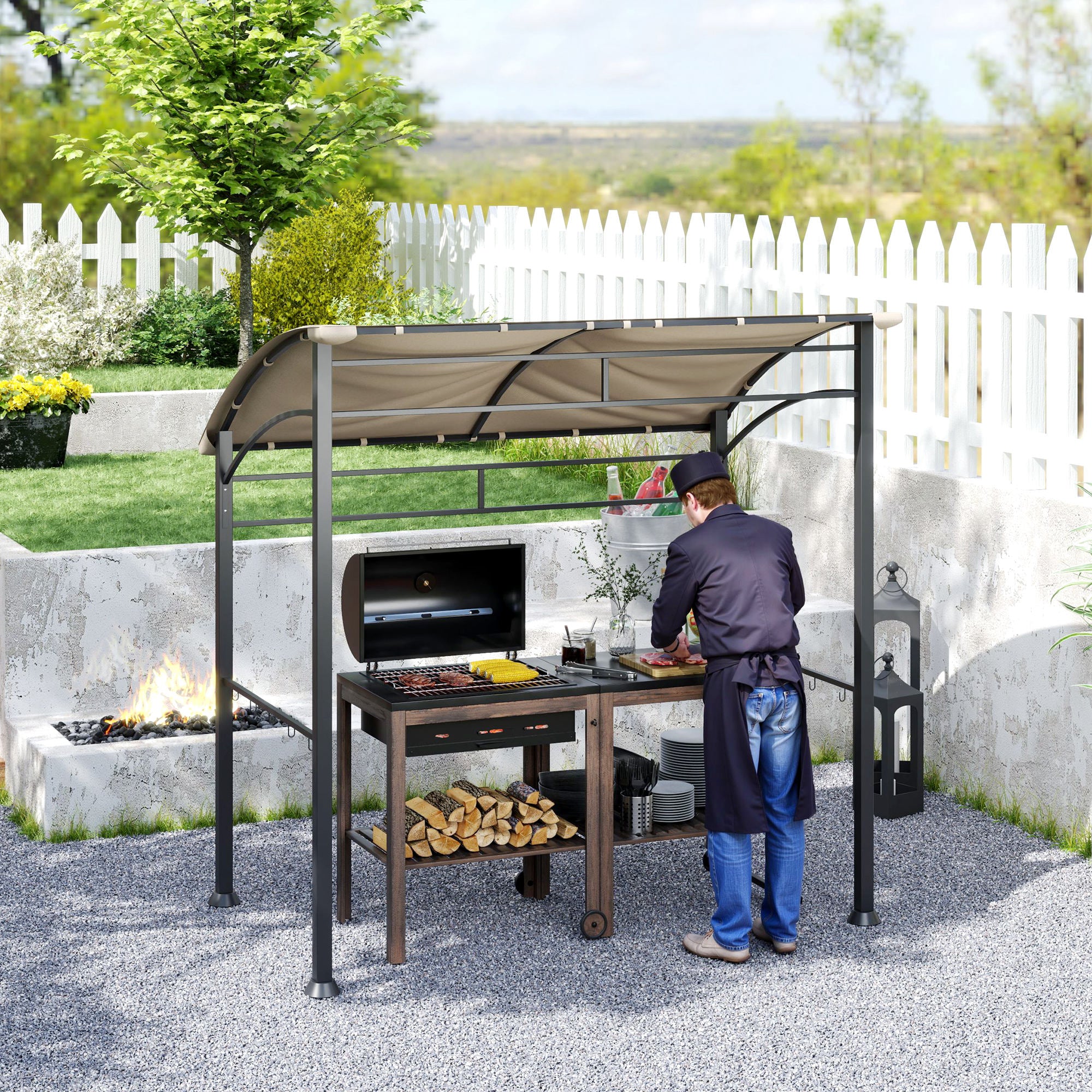 BBQ Grill Gazebo Tent 2.2x1.5m Metal Frame Curved Canopy 10 Hooks, Khaki