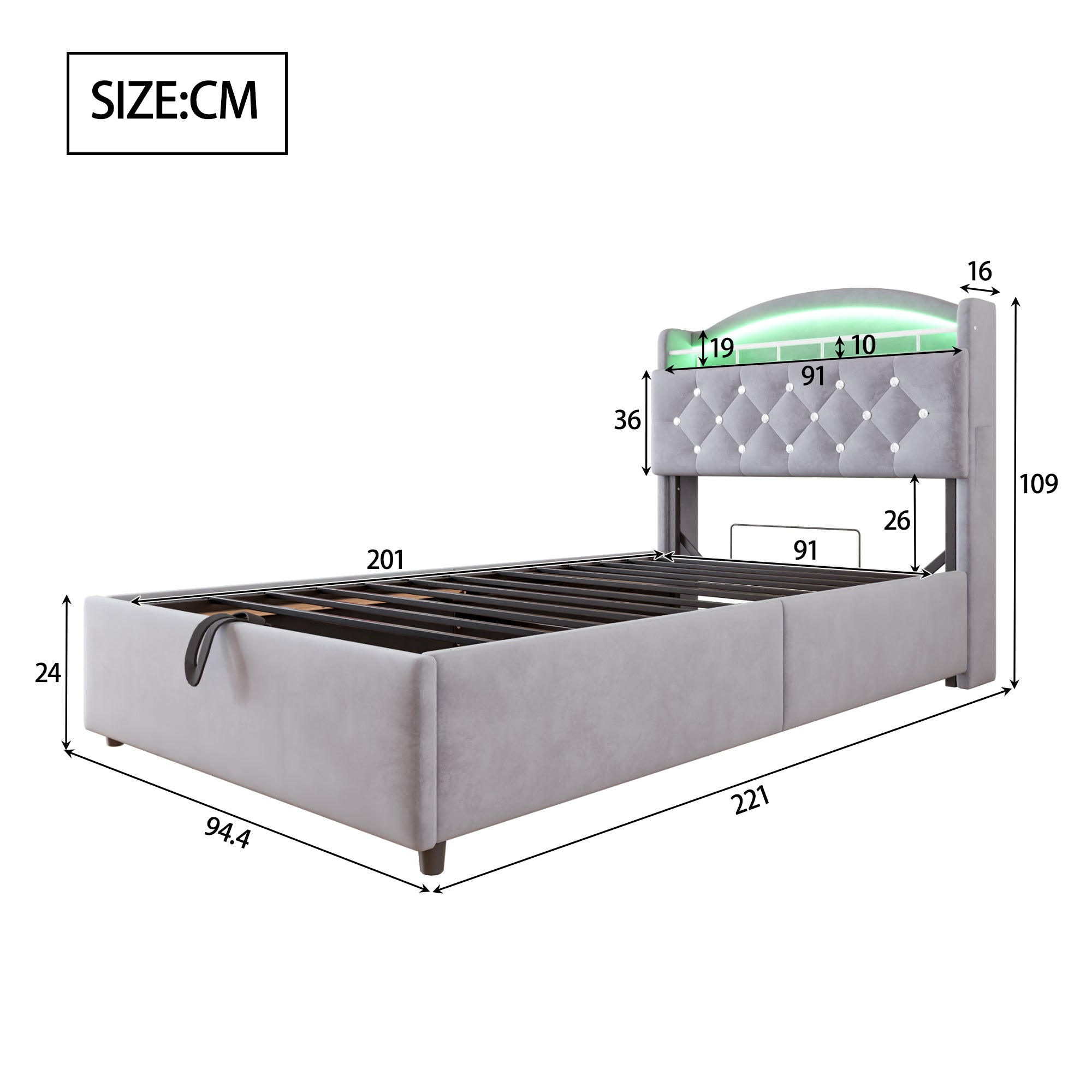 Children's Upholstered Bed, 90x200 Single with Storage, LED & USB, Grey Velvet