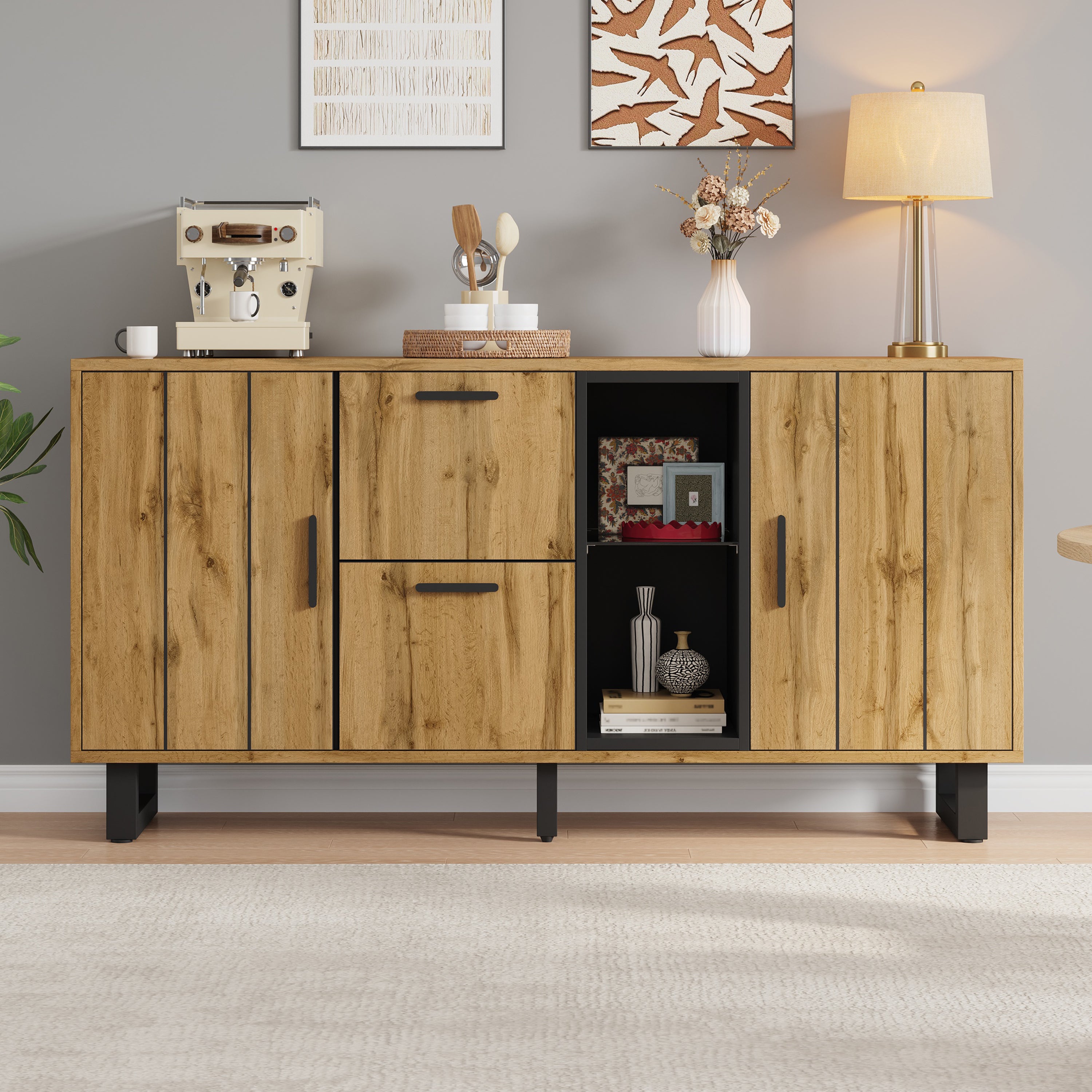 Sideboard 160cm Wide with 2 Drawers LED Light Strip Natural Wood/Black