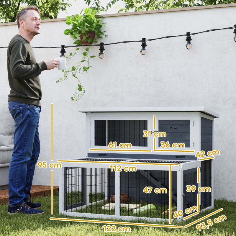 Rabbit Hutch, 2 Levels Foldable Roof Winterproof Solid Wood, Gray