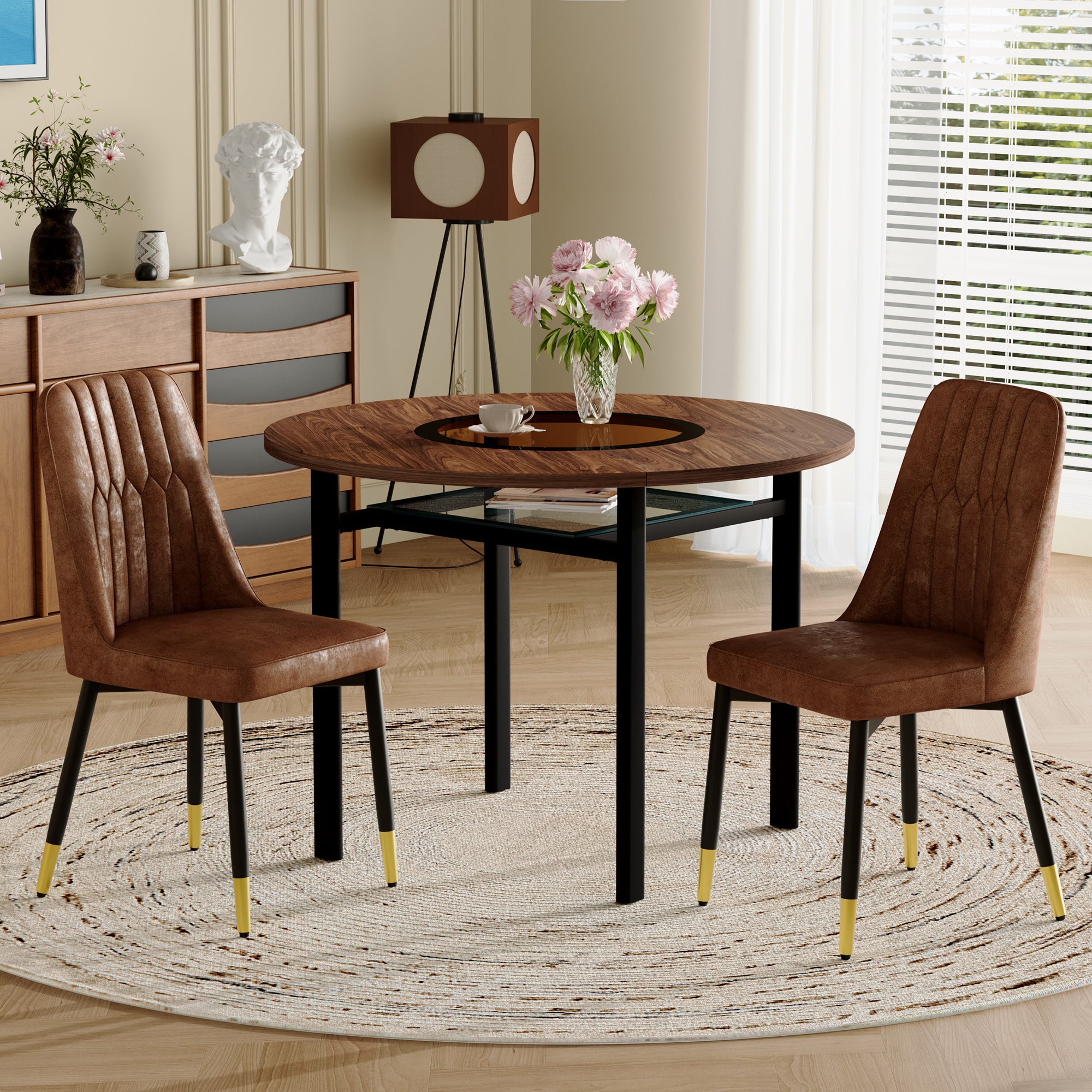 Modern Minimalist Round Dining Table Set with 2 Chairs, 100cm Wood Look/Brown Tech Fabric