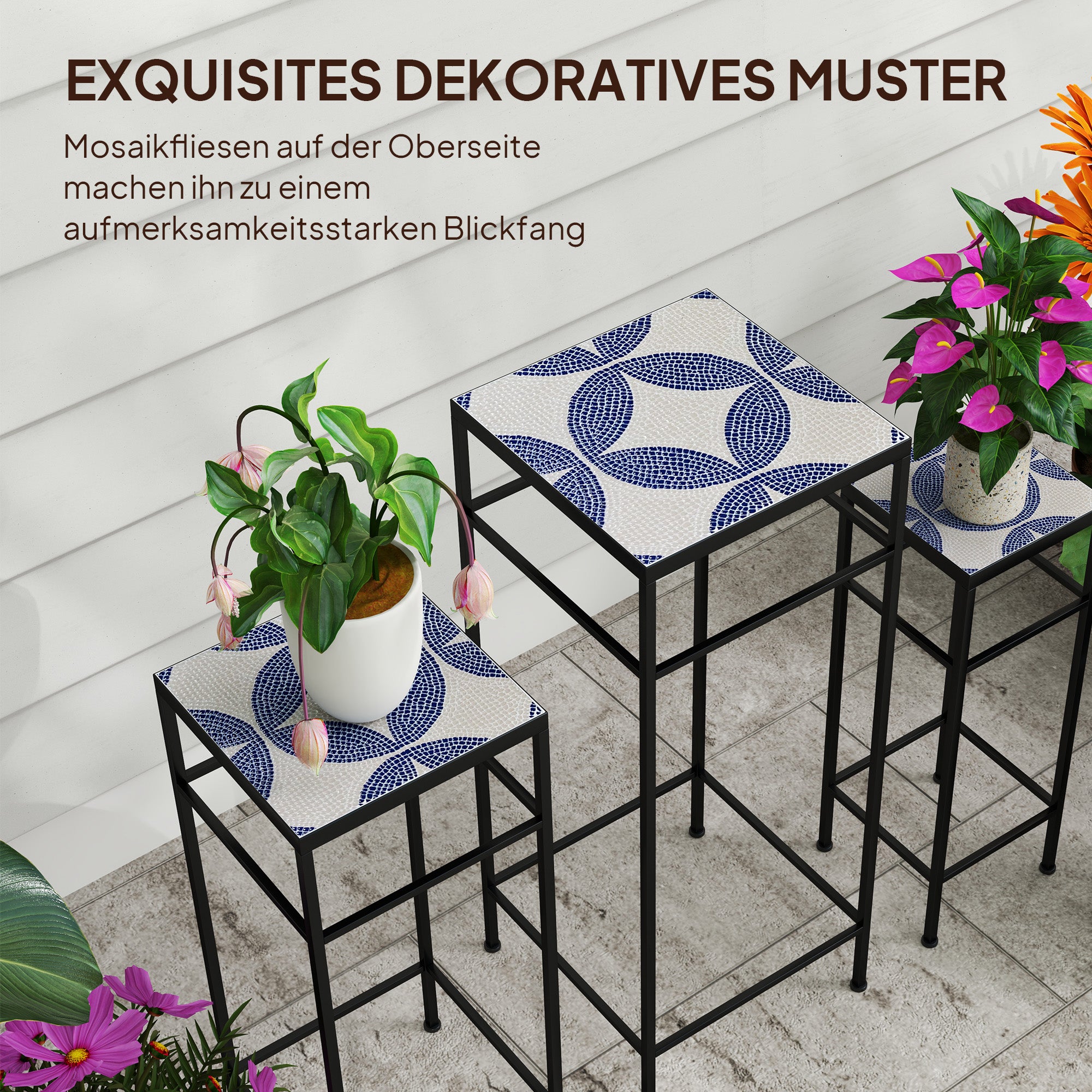 Plant Stands, Set of 3, 71cm Tall, Metal, Blue+White