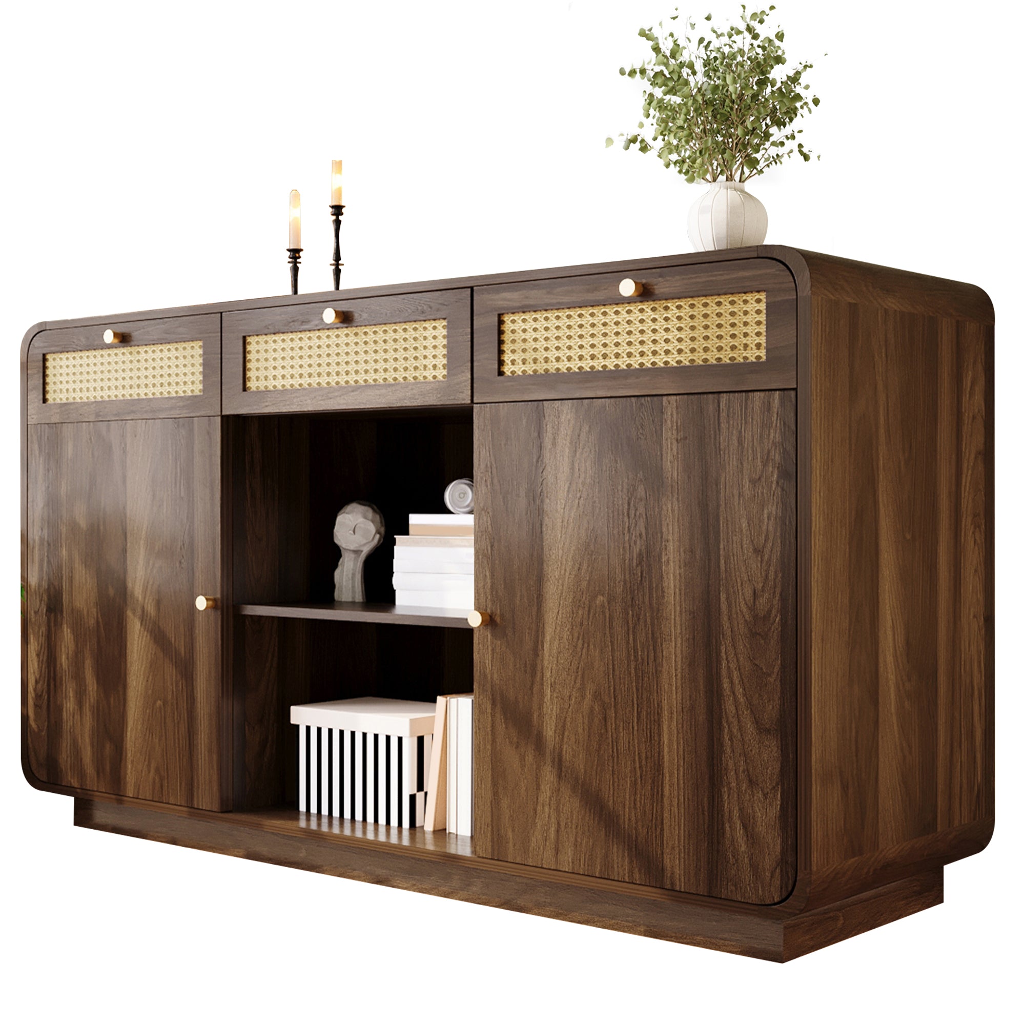 Chest of drawers/sideboard, 3 Drawers 2 Cabinets Rattan Gold Handles, 120cm Walnut