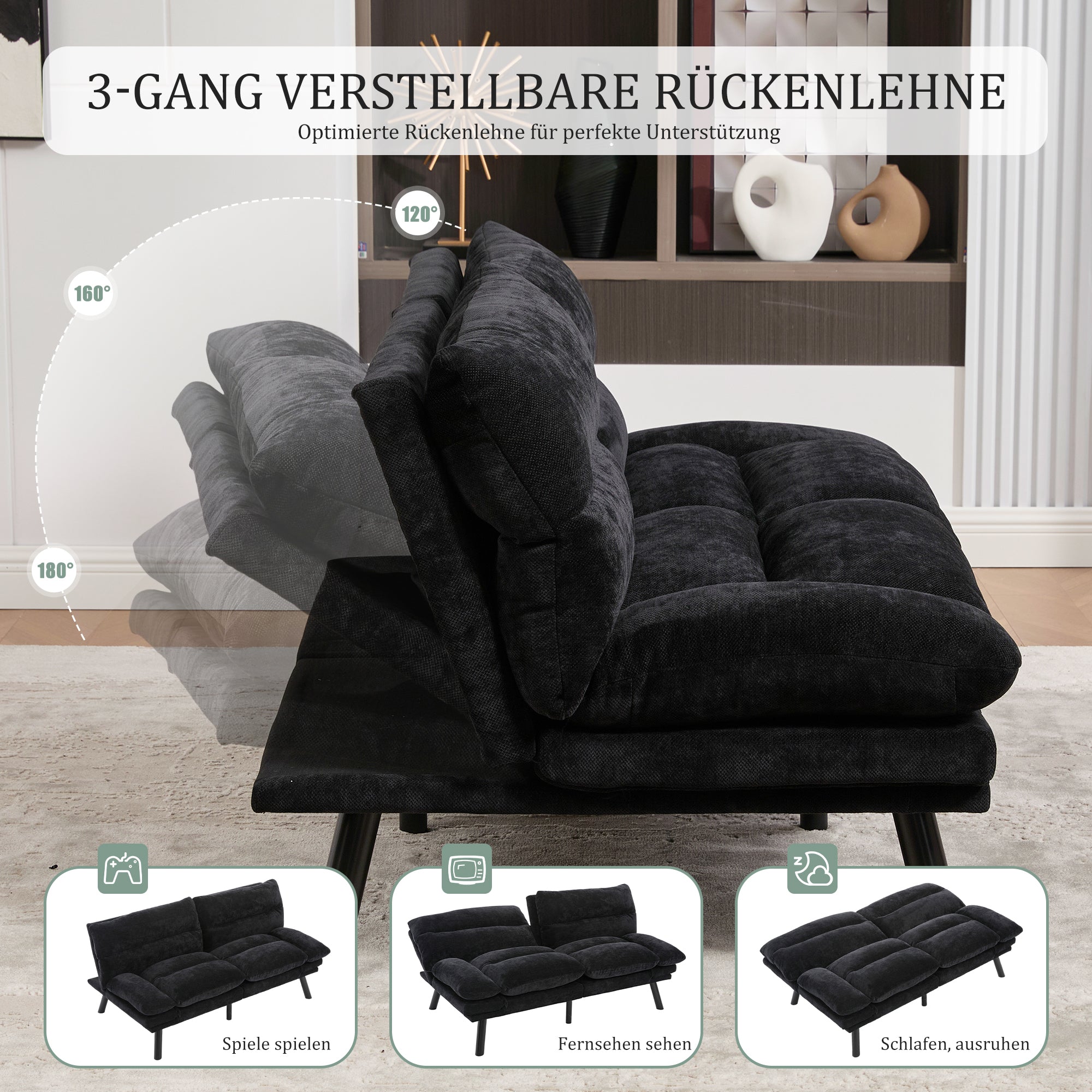 Two-Seater Sofa, Ergonomic Adjustable Breathable, Chenille/Metal