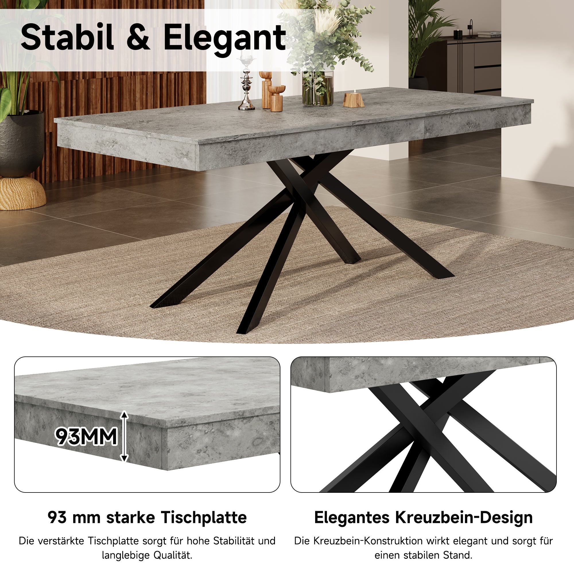 Extendable Dining Table 140/180x80cm 6-8 Person Rectangular Metal Legs Grey