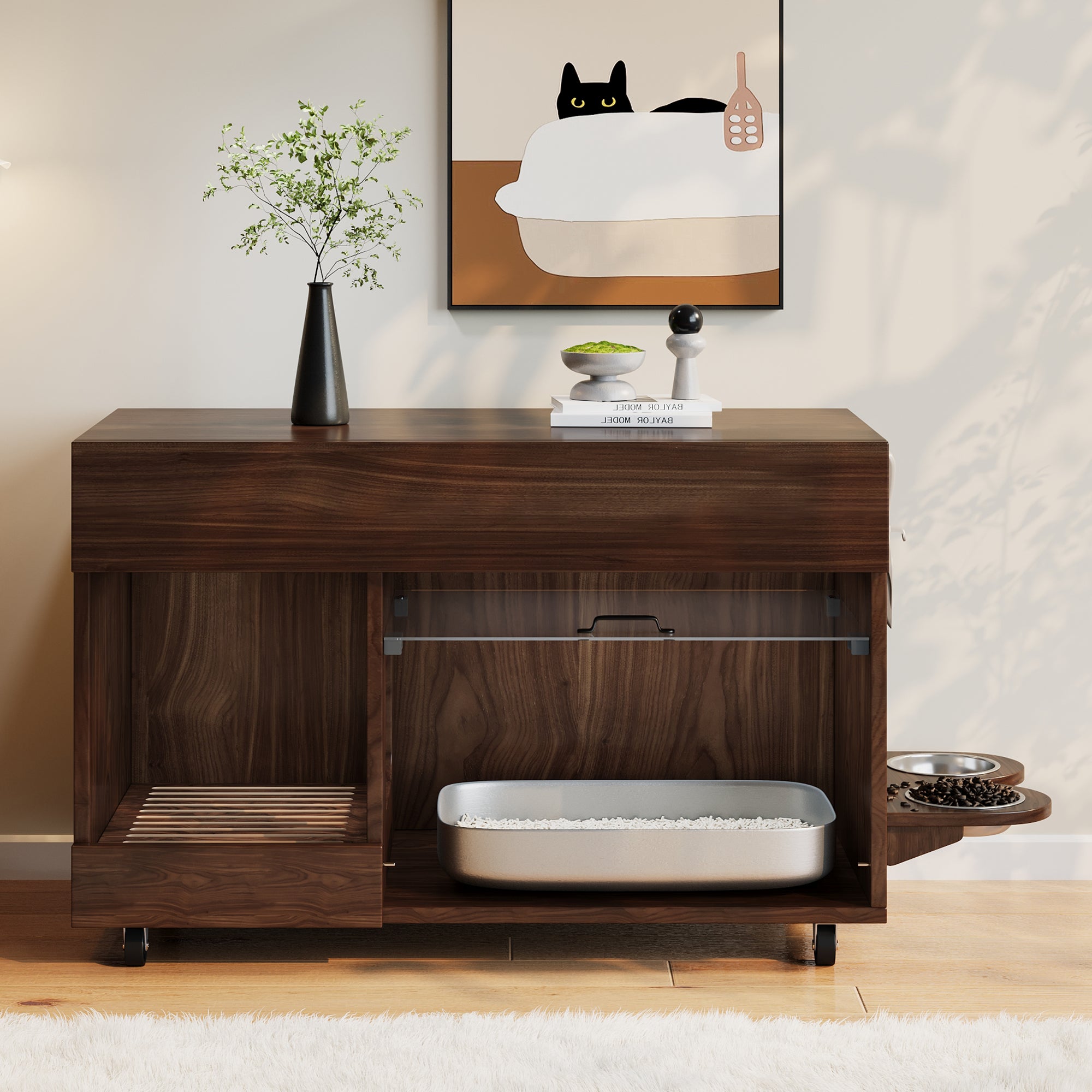 Mobile Cat Litter Box Cabinet with Food Bowls, Sand Tray, Pegboard - Walnut