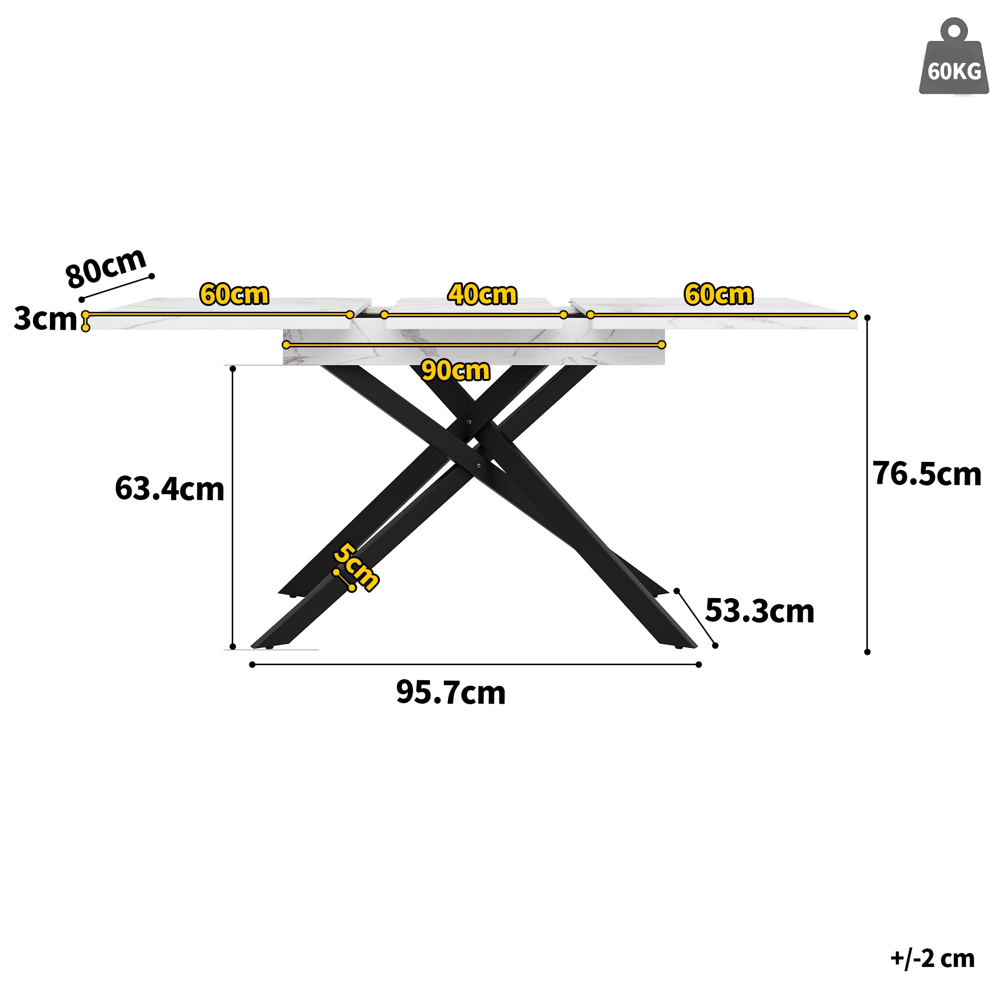 Telescopic Dining Table 120-160cm Extendable Black Crossed Legs - White Marble