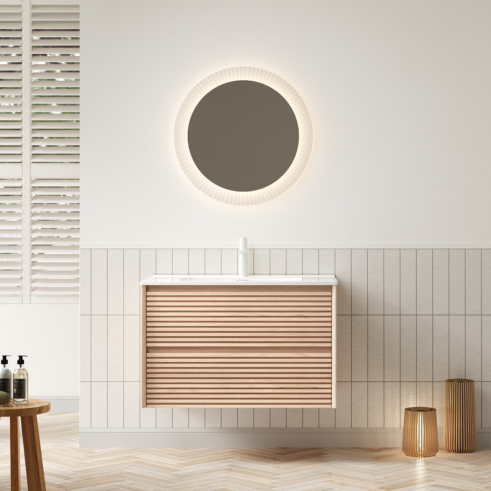 BRON Wall Mounted Vanity 81cm Ceramic Undermount Basin 2-Drawer Cinnamon Walnut Wood Grain