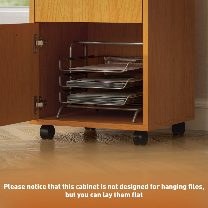 60cm Filing Cabinet with Drawer, Open Shelf, Mobile Printer Organiser, Natural Wood Finish