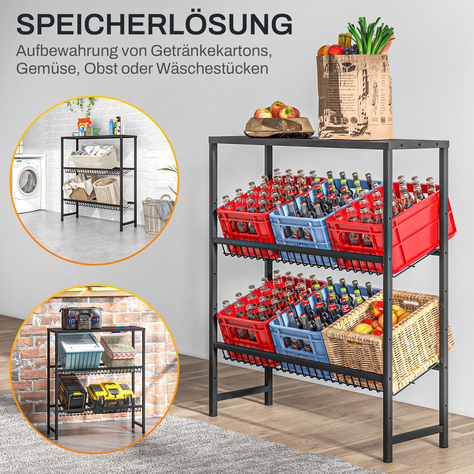 Freestanding beverage crate rack 6 crates adjustable shelf height 3 levels non-slip black steel