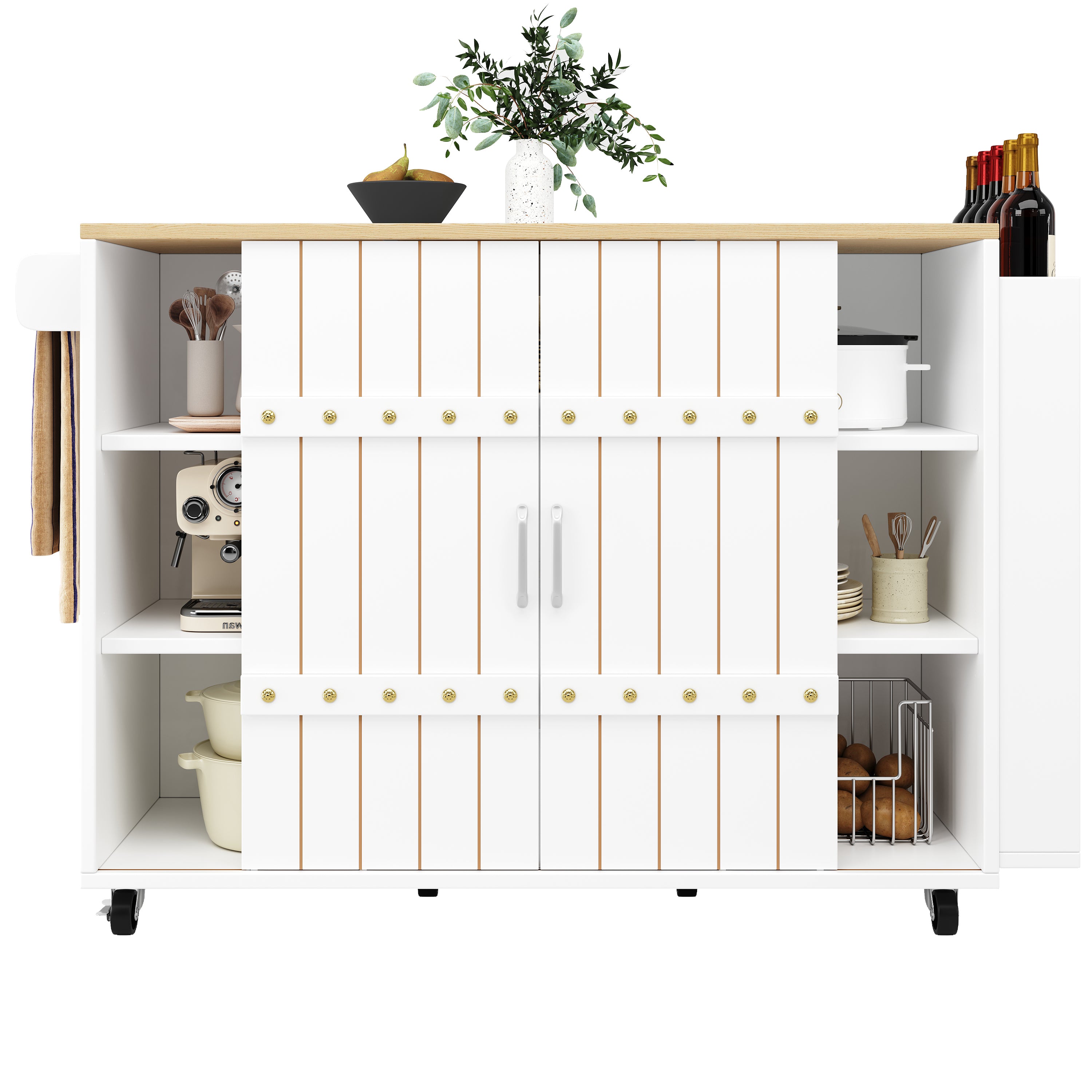 Kitchen Island Serving Cart with Wheels, Worktop, Sliding Doors & Drawers - White