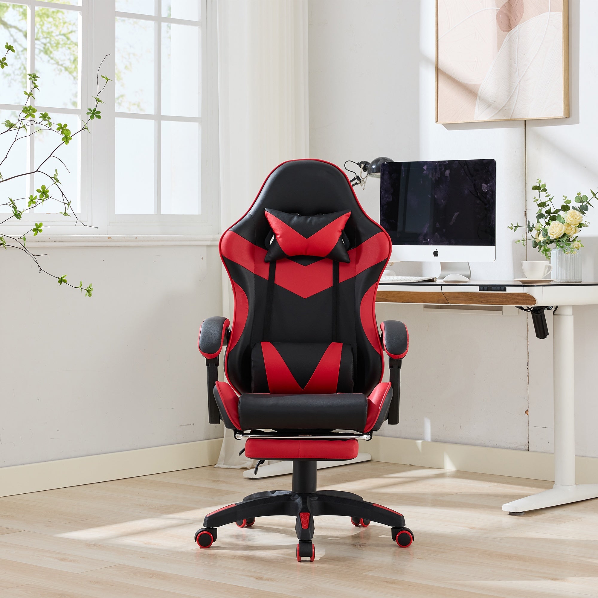 Racing Gaming Chair High-Back Ergonomic Swivel with Footrest Headrest Lumbar Support Leather Black & Red