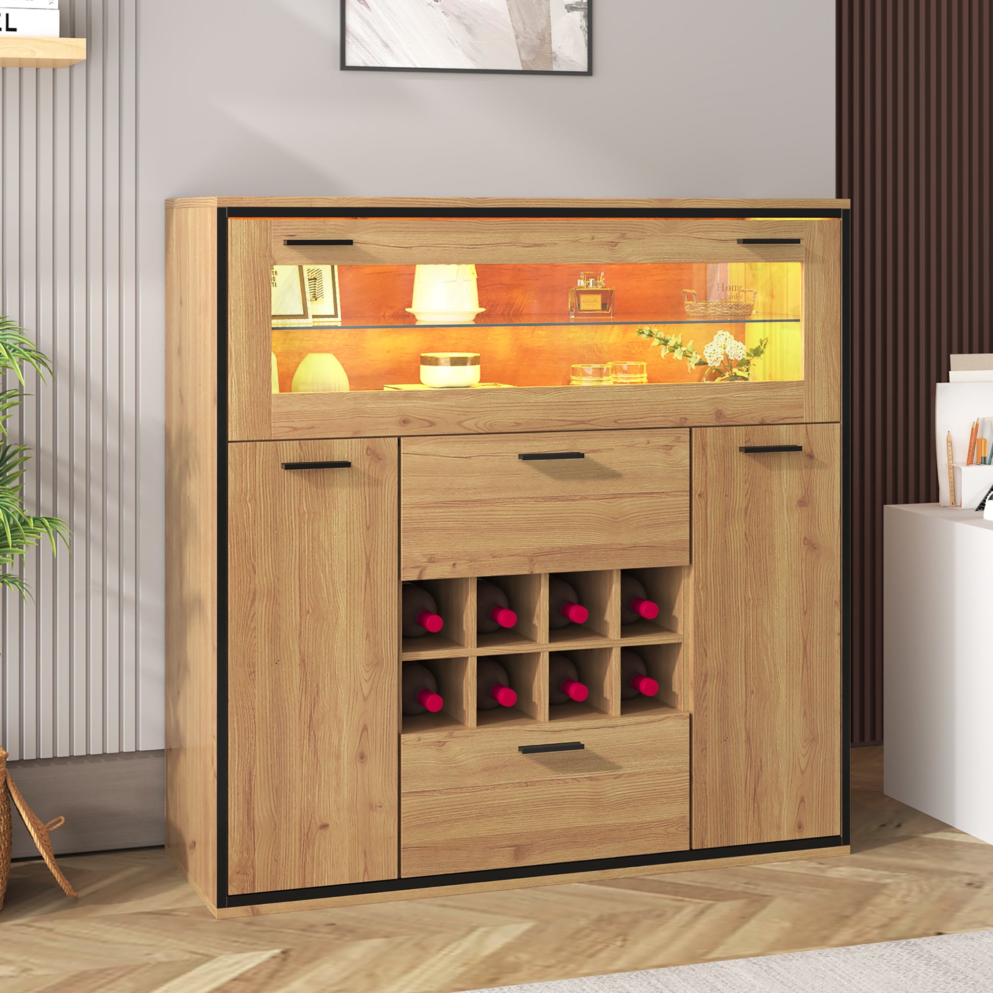 Sideboard, Elegant Wine Cabinet with Double Doors, Glass Shelf & Wine Holder