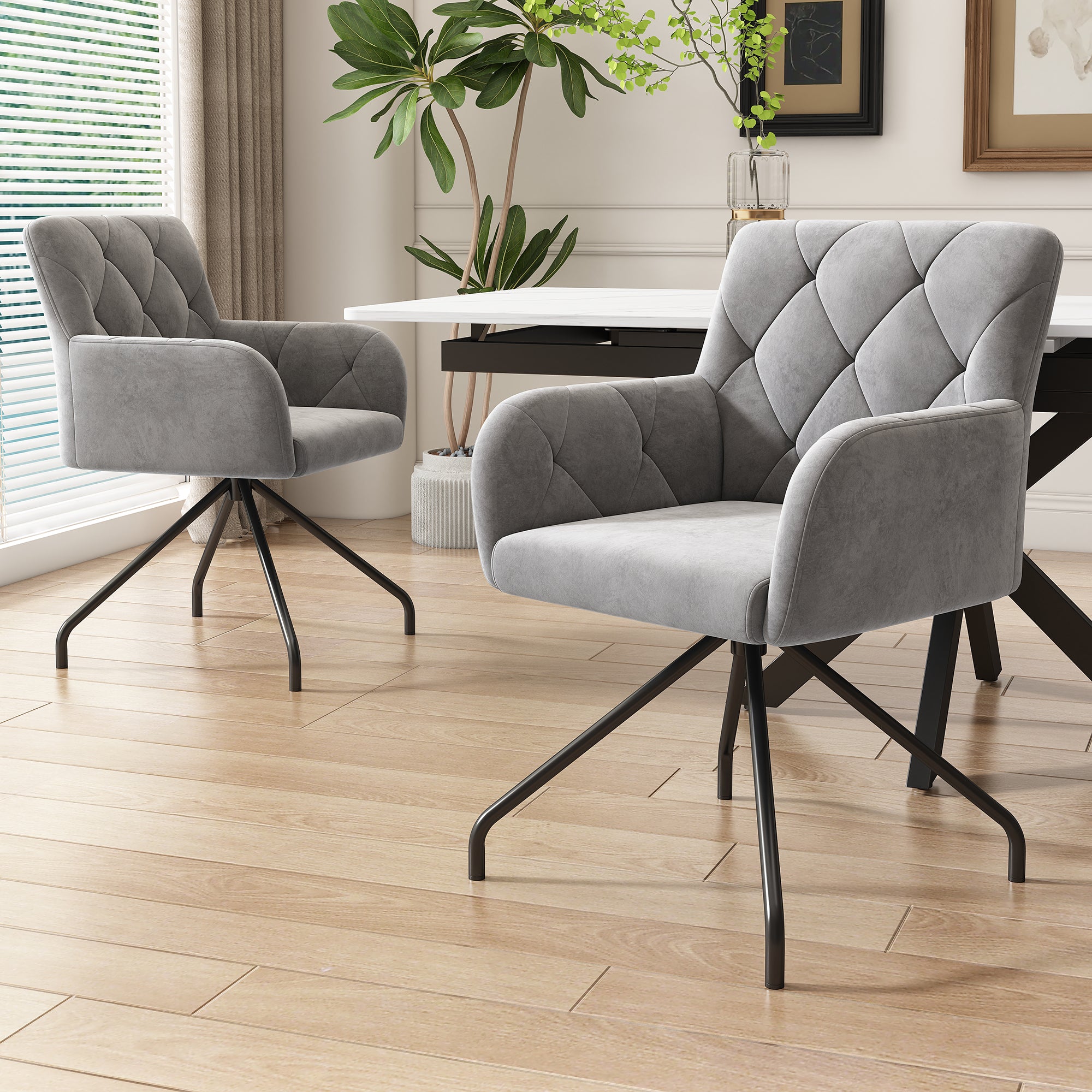 Set of 2 Dining Chairs with Diamond Pattern and Lumbar Support, Light Grey Velvet