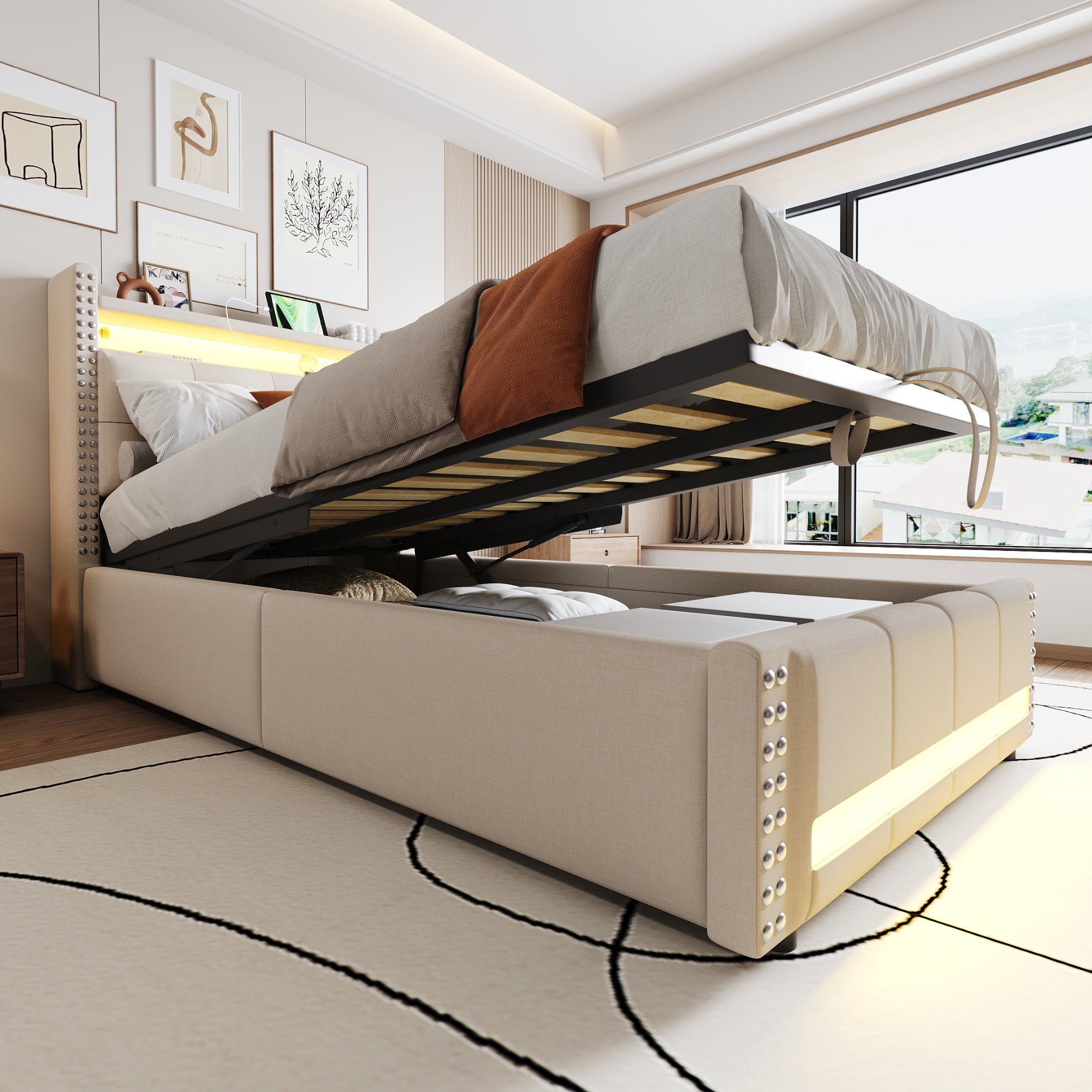 Upholstered Children's Bed with LED, USB, Storage, 90x200cm, Linen Fabric Beige