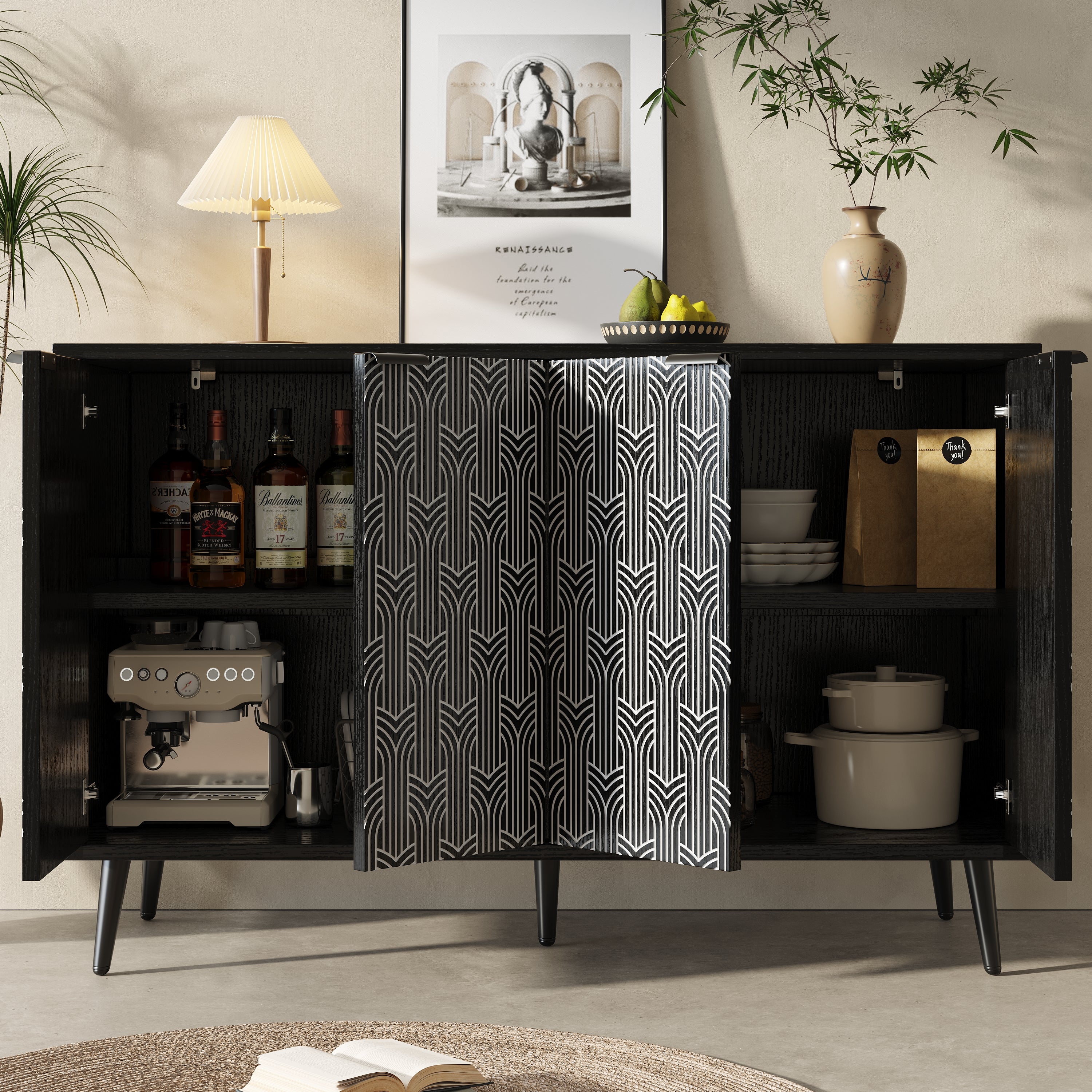 Dining Room Cabinet Freestanding Storage Unique Carved Herringbone Door Black