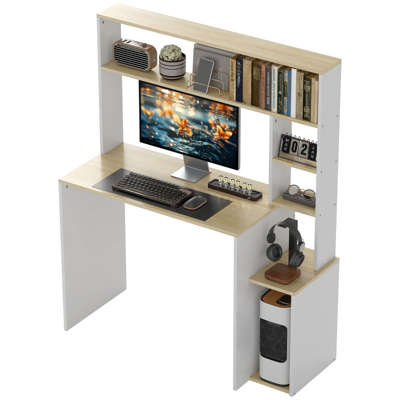 Desk, Computer Office Table with Open Shelves, CPU Stand, Steel Frame, Oak