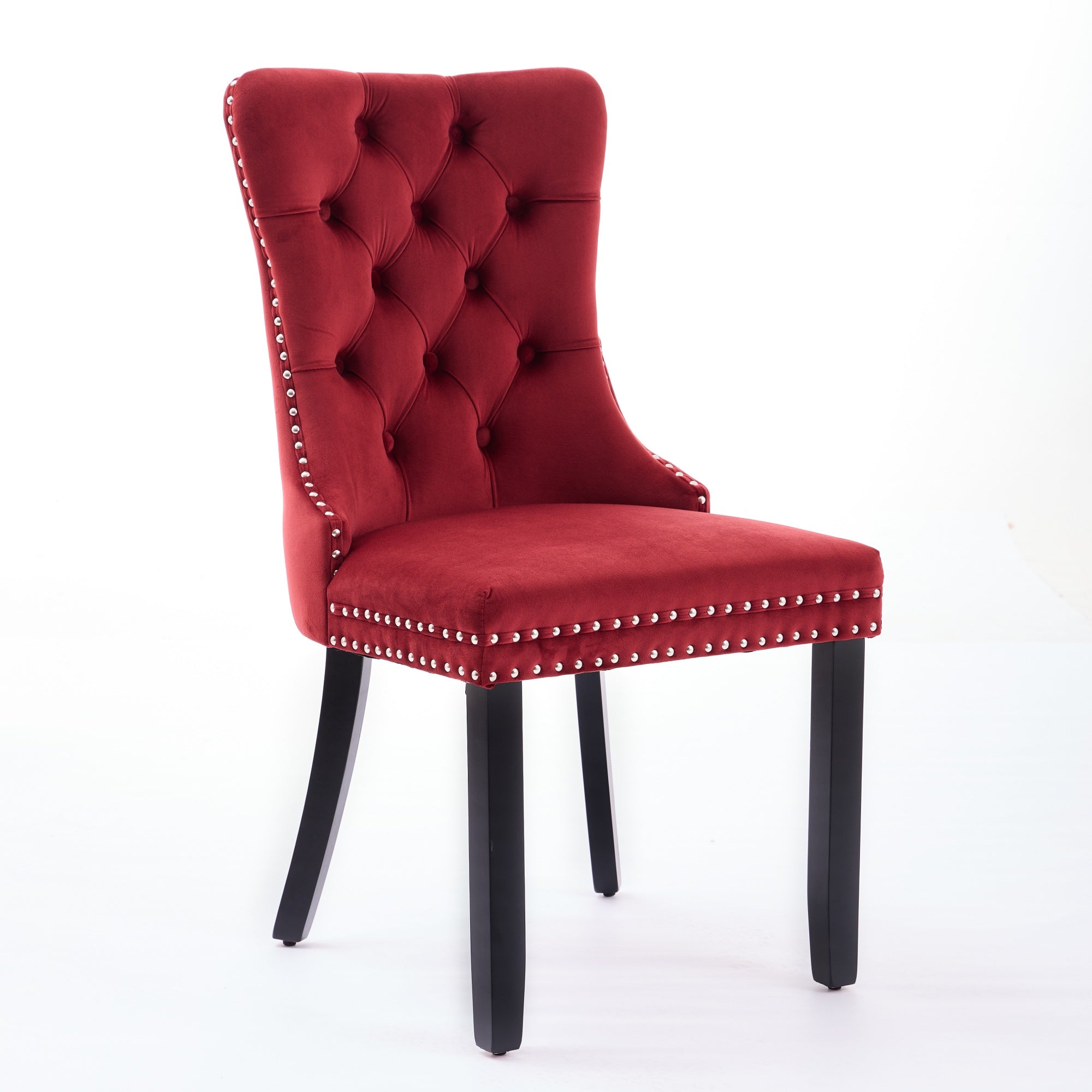 Classic Velvet Dining Chairs, Tufted Solid Wood Set of 2, Wine Red Velvet