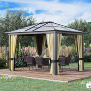3 x 3.6m Hardtop Gazebo Canopy with Polycarbonate Roof and Netting, Aluminium Frame, Brown