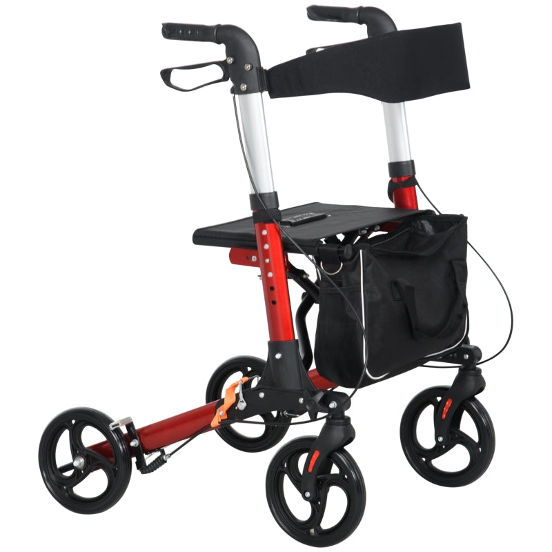 Folding Rollator Walker, Lightweight with Seat, Dual Brakes, Adjustable Height, Red