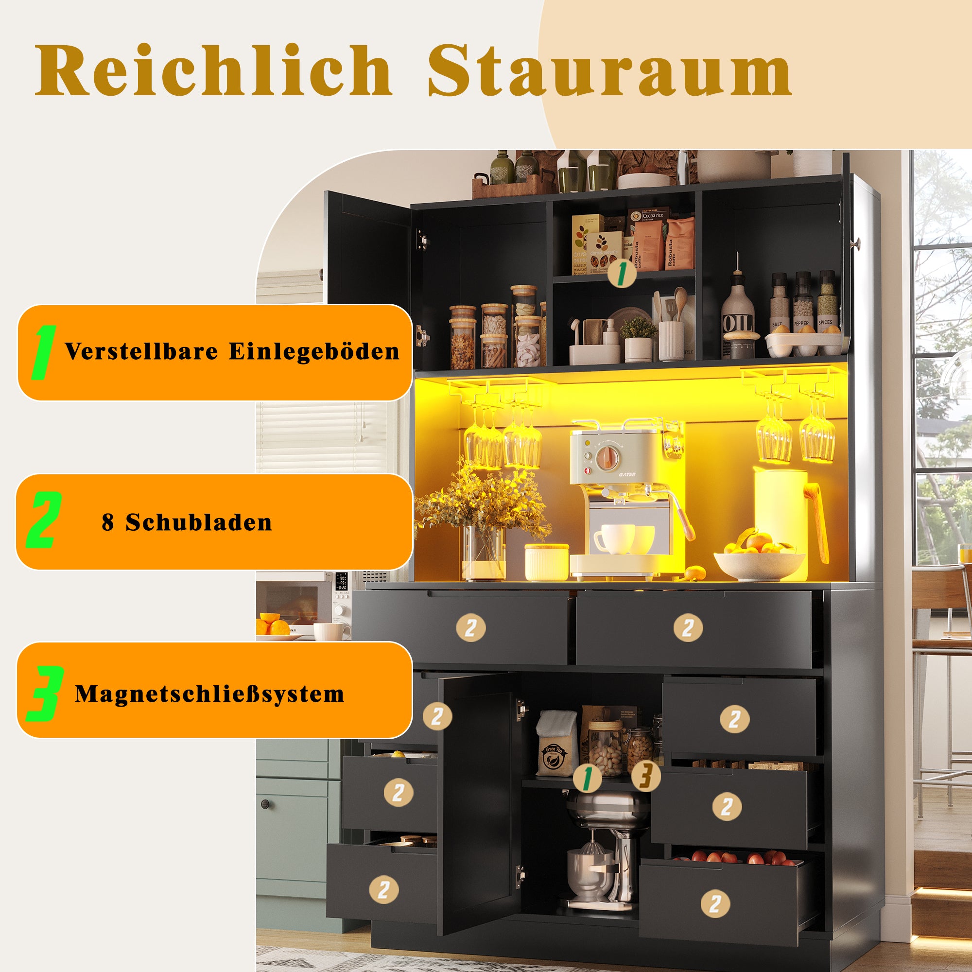 Tall Cabinet 120x40x183.5cm Smart LED Lighting 8 Drawers Adjustable Shelves Black