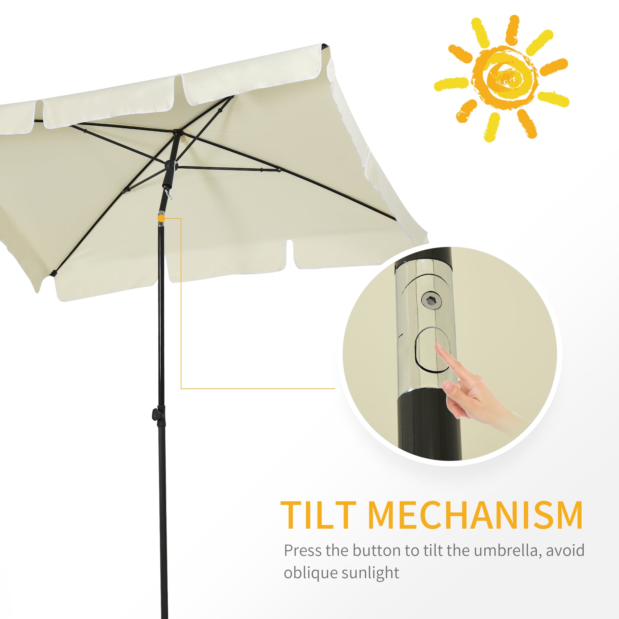 Garden Parasol Umbrella, 2 x 1.3m Rectangular Tilting with Ruffles and Aluminium Pole, Cream White