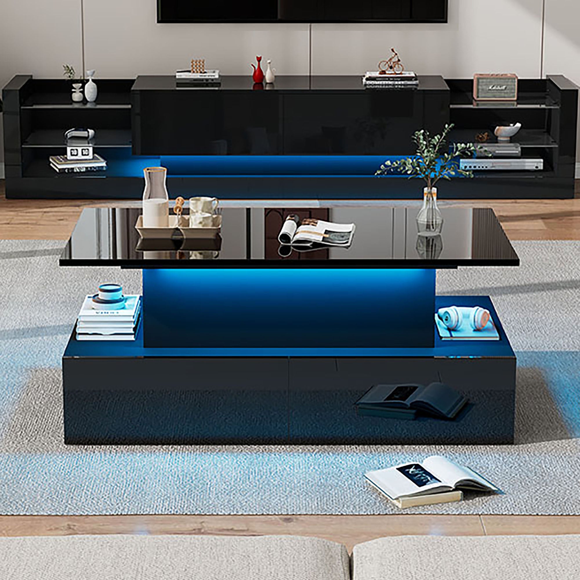 Coffee Table, LED Lit with 4 Drawers, Black High-Gloss