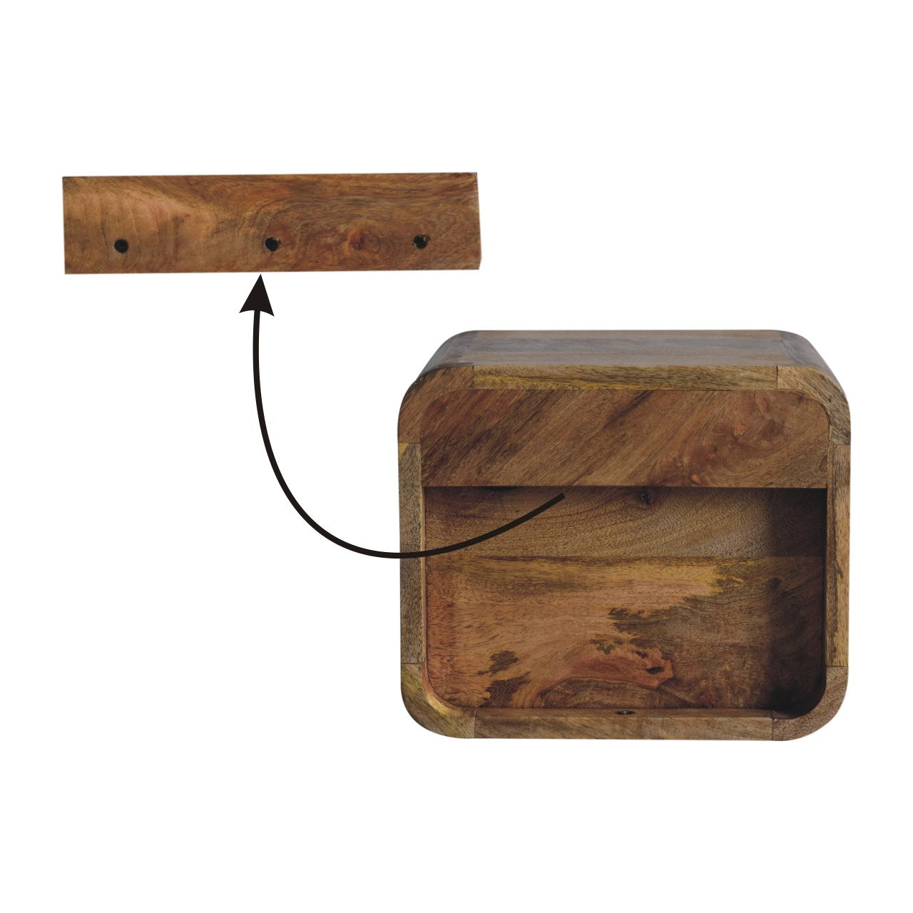 Solid Wood Bedside, Wall Mounted Curved Extra Mini with Open Slot, 1 Drawer, Brown