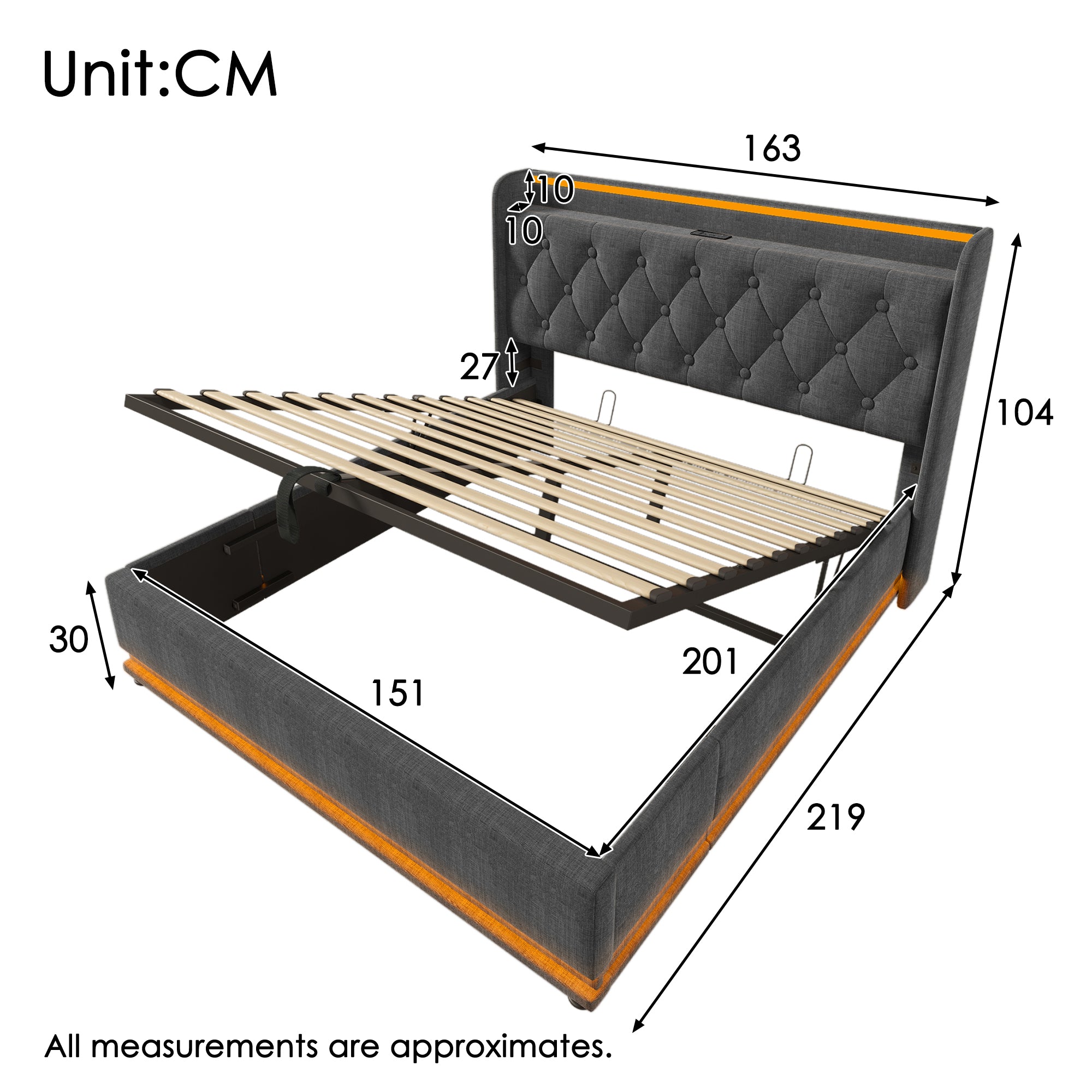 Upholstered King Ottoman Bed with 360 Surround LED Function, Hydraulic Storage, Charging Function, Linen Grey