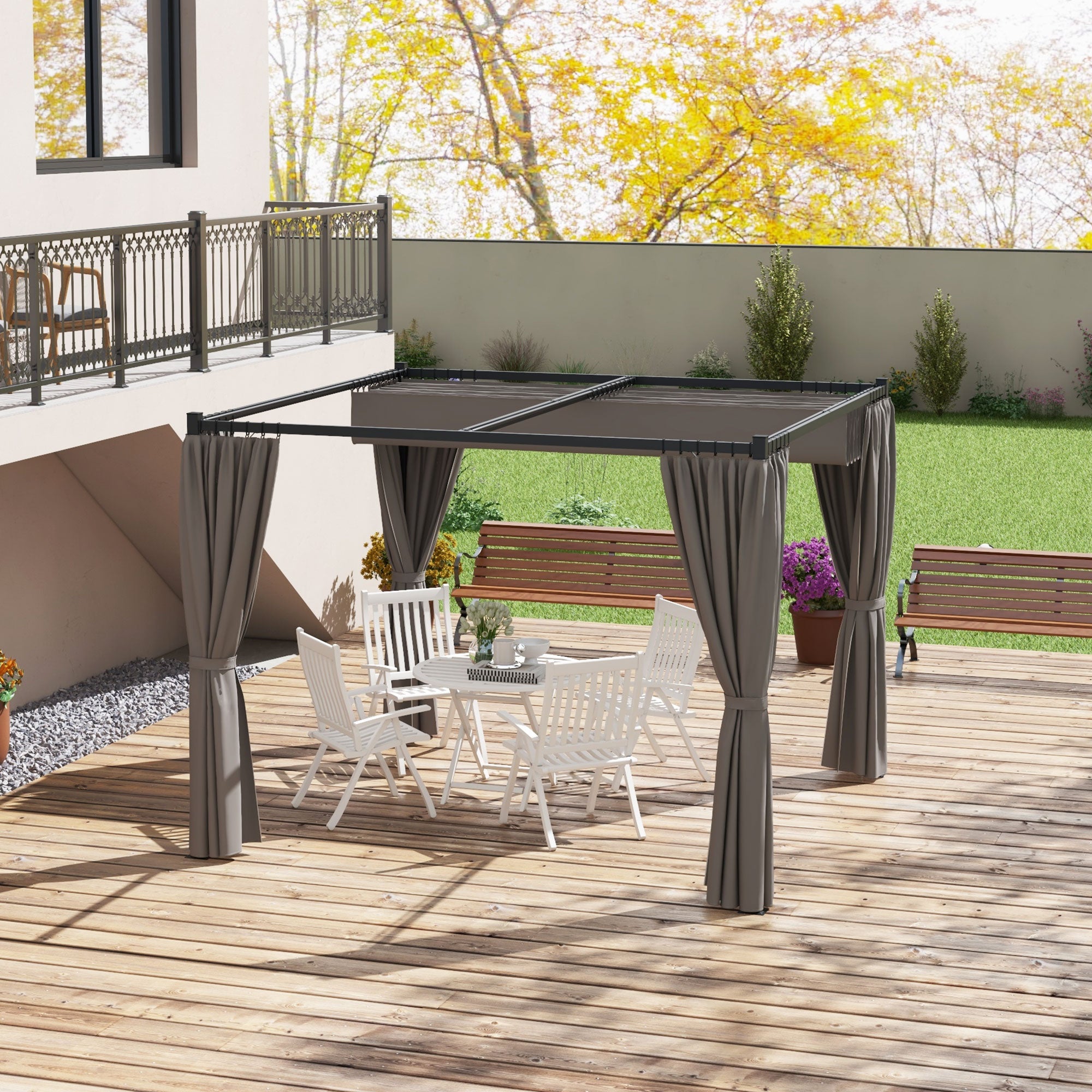 3 x 3m Moving Canopy Pergola with Curtains, Metal Grey