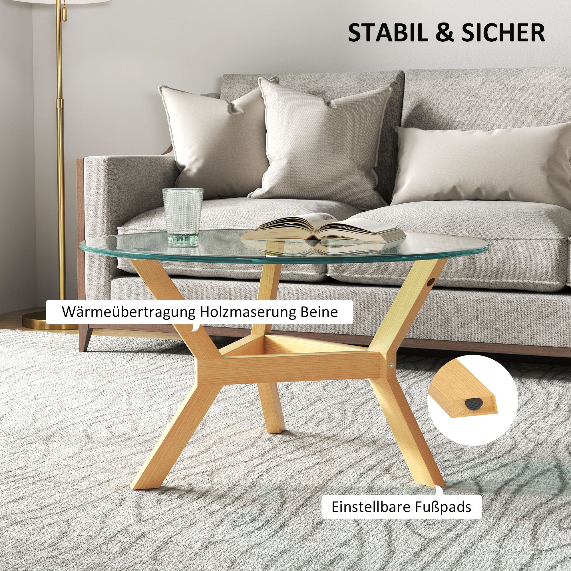 Tempered Glass Coffee Table, Adjustable Foot Pads Steel Frame, Transparent