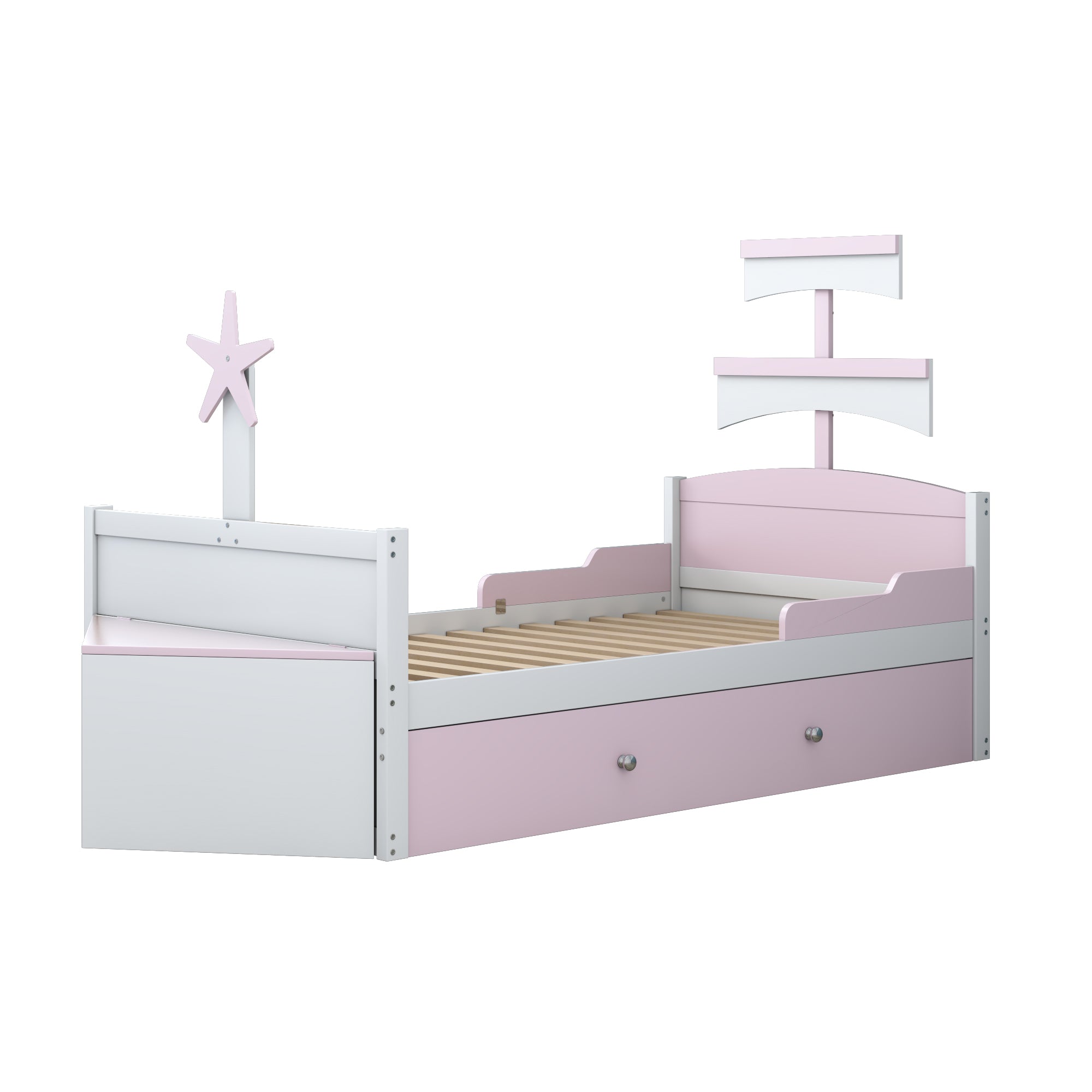 Children's Bed 90*200, Sailboat Shape with Pull-Out Bed & Storage, Pink Wood
