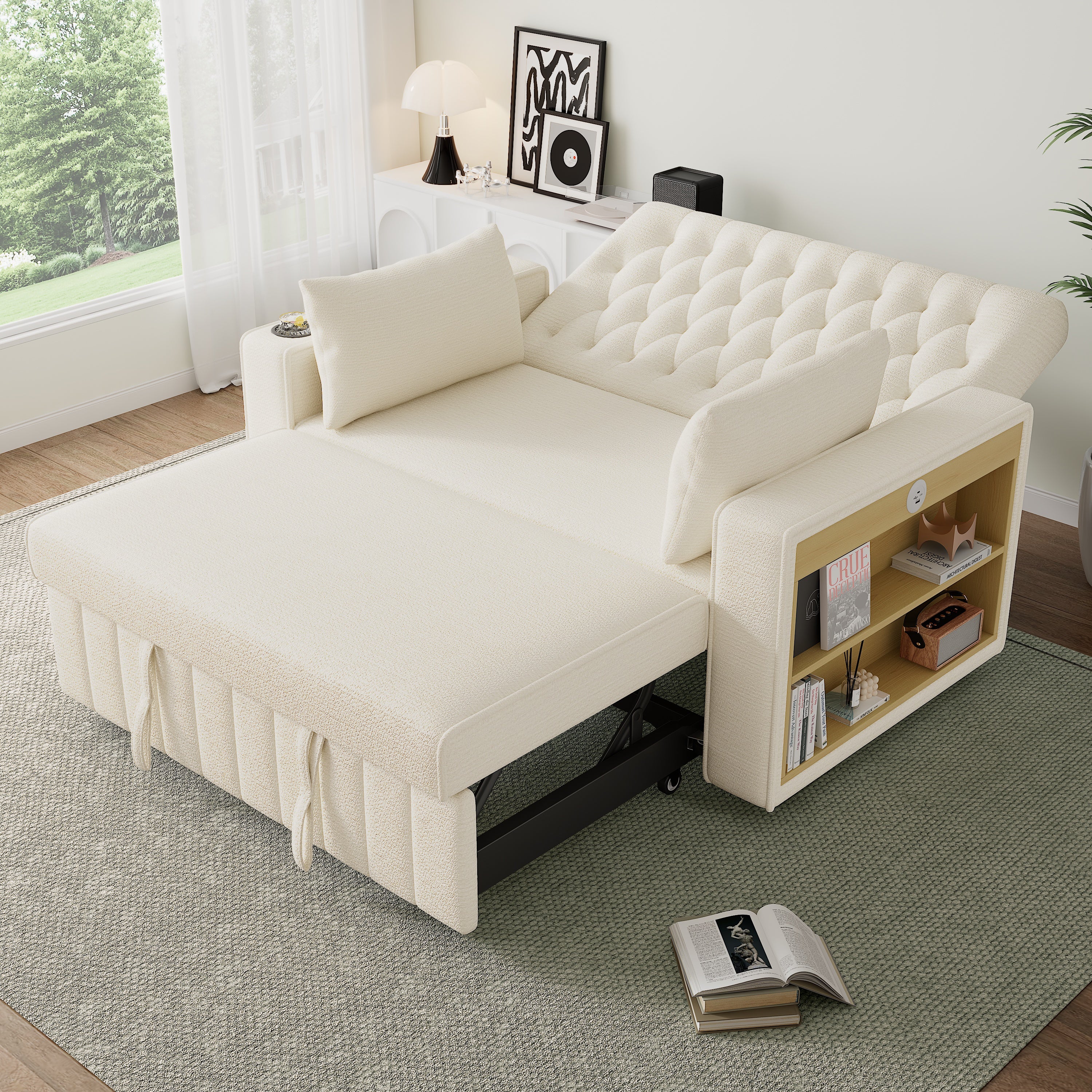 Sofa Bed, Modern Folding with Storage, Cup Holder, USB, Beige