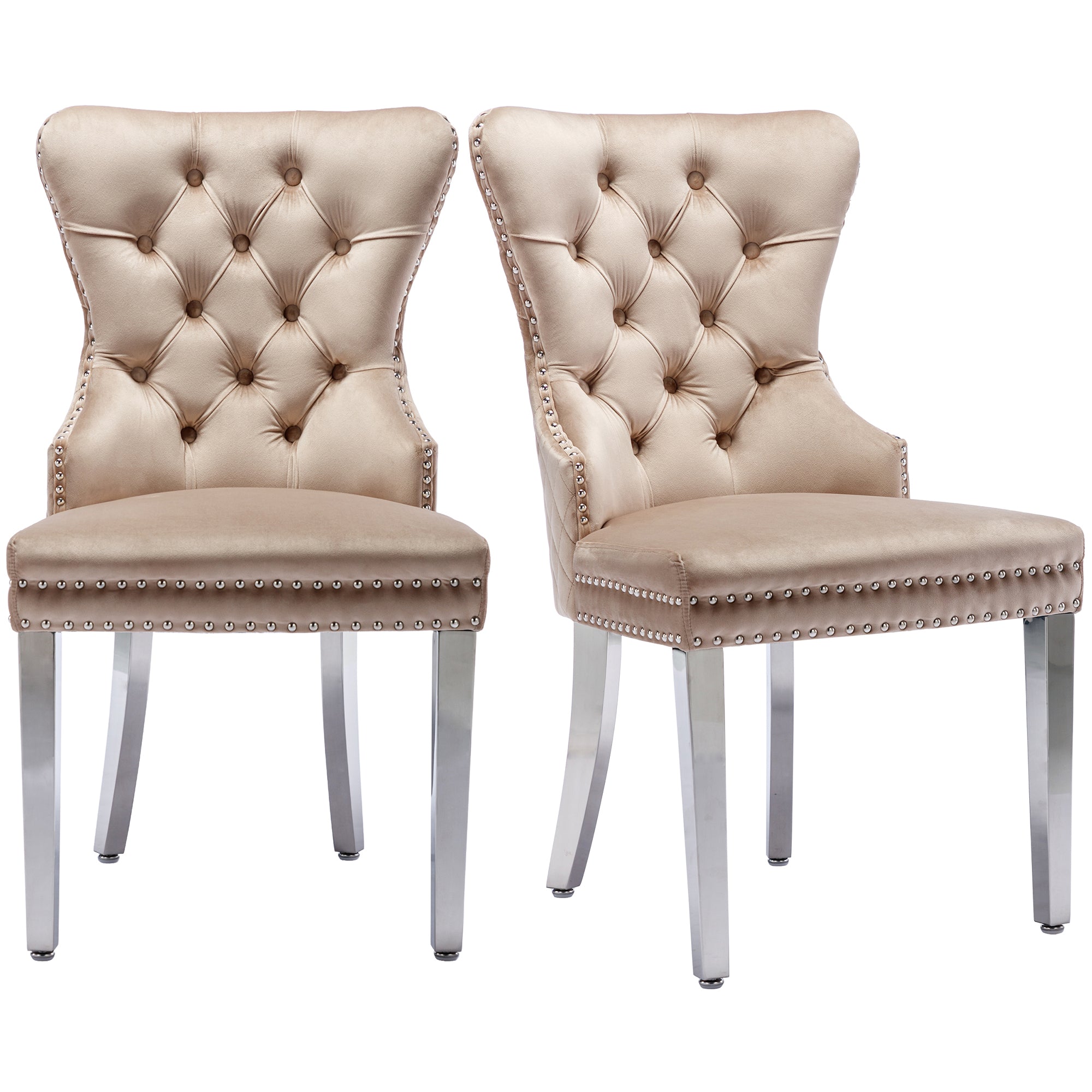 Dining Chair Set 2 Upholstered Door Knocker Back Beige Velvet