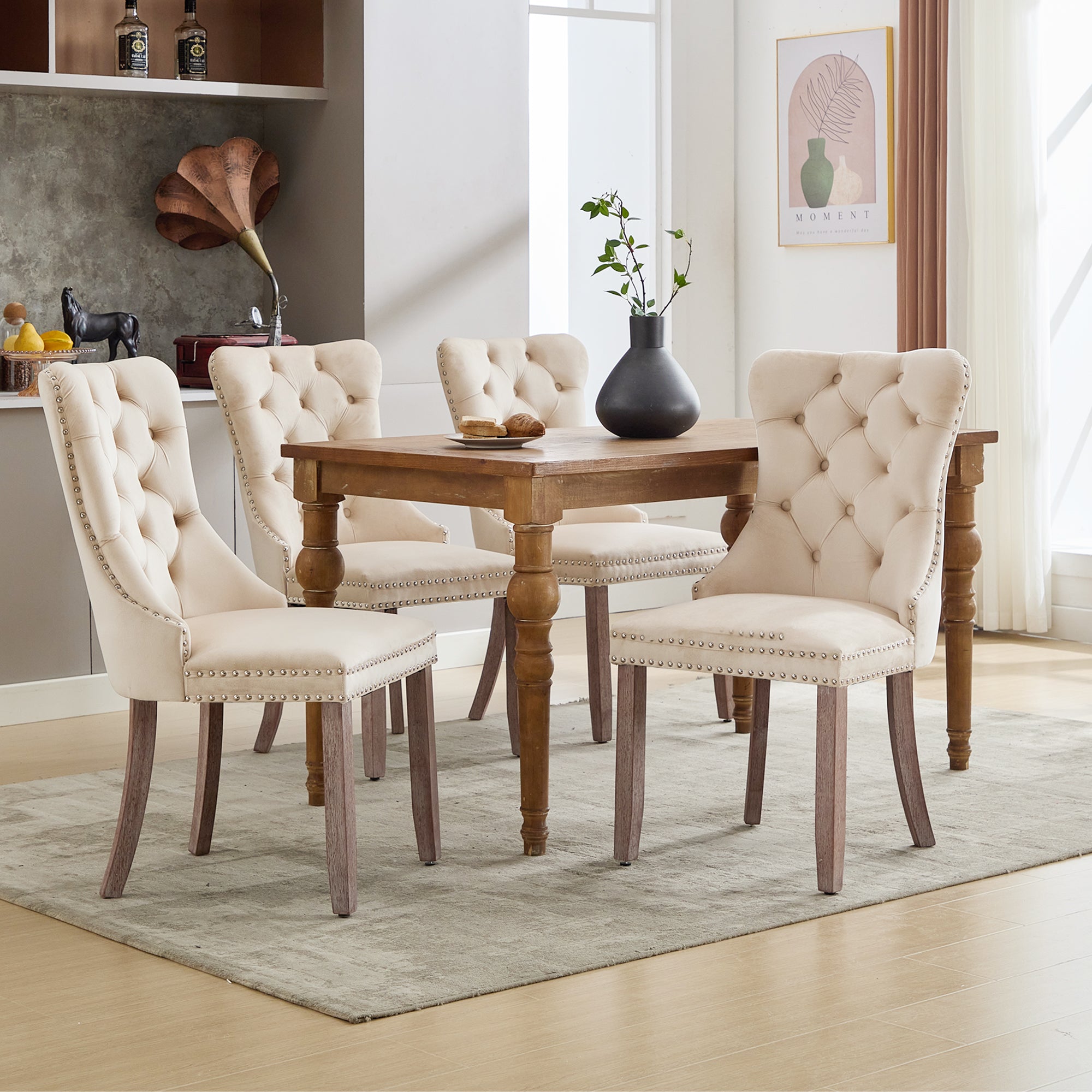 Modern Set of 4 Upholstered Dining Chairs with Button Tufted Velvet, Brushed Wood Legs, Riveted Trim, and Knocker Ring, Beige