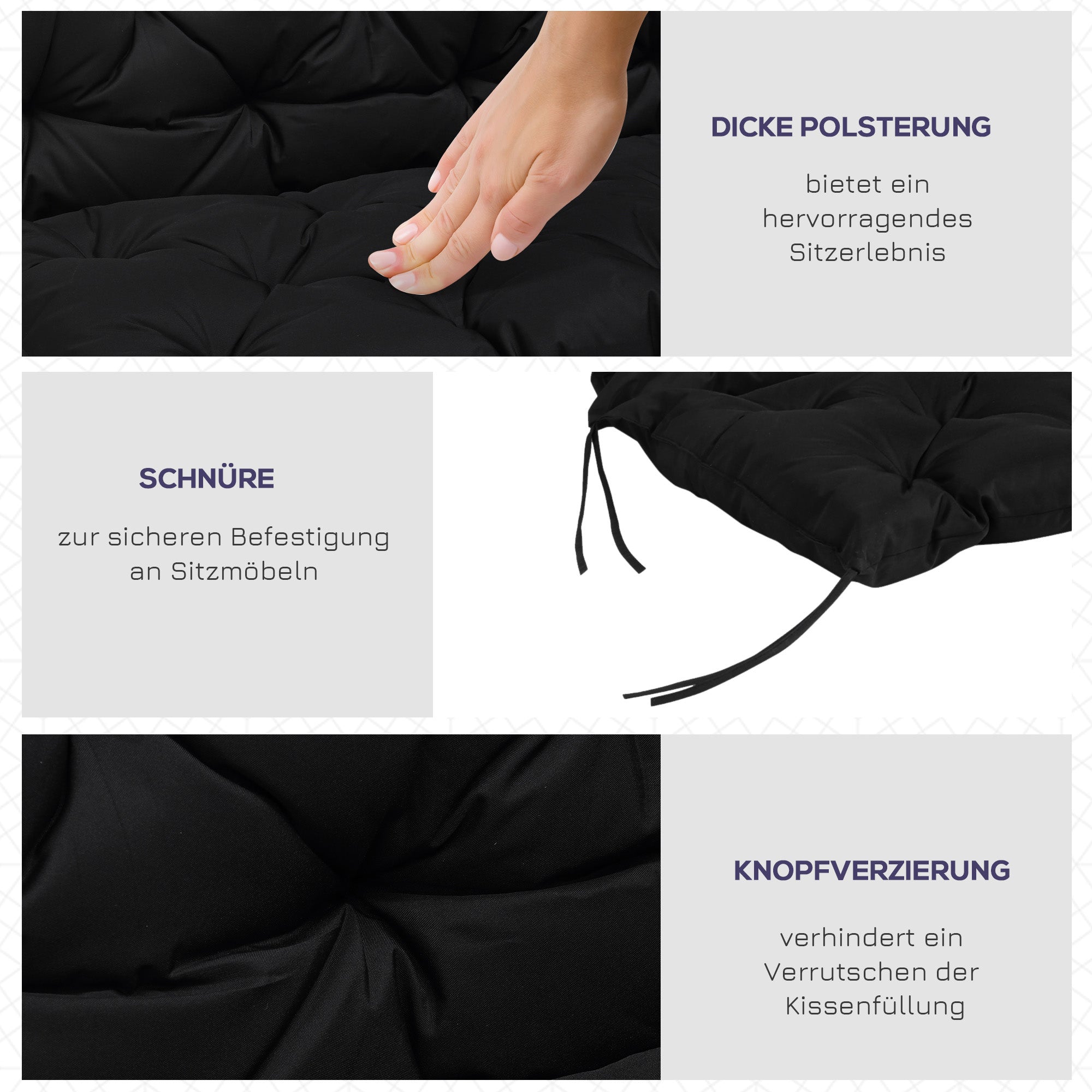 3-Seater Bench Cushion with Ties, Outdoor/Indoor, Black