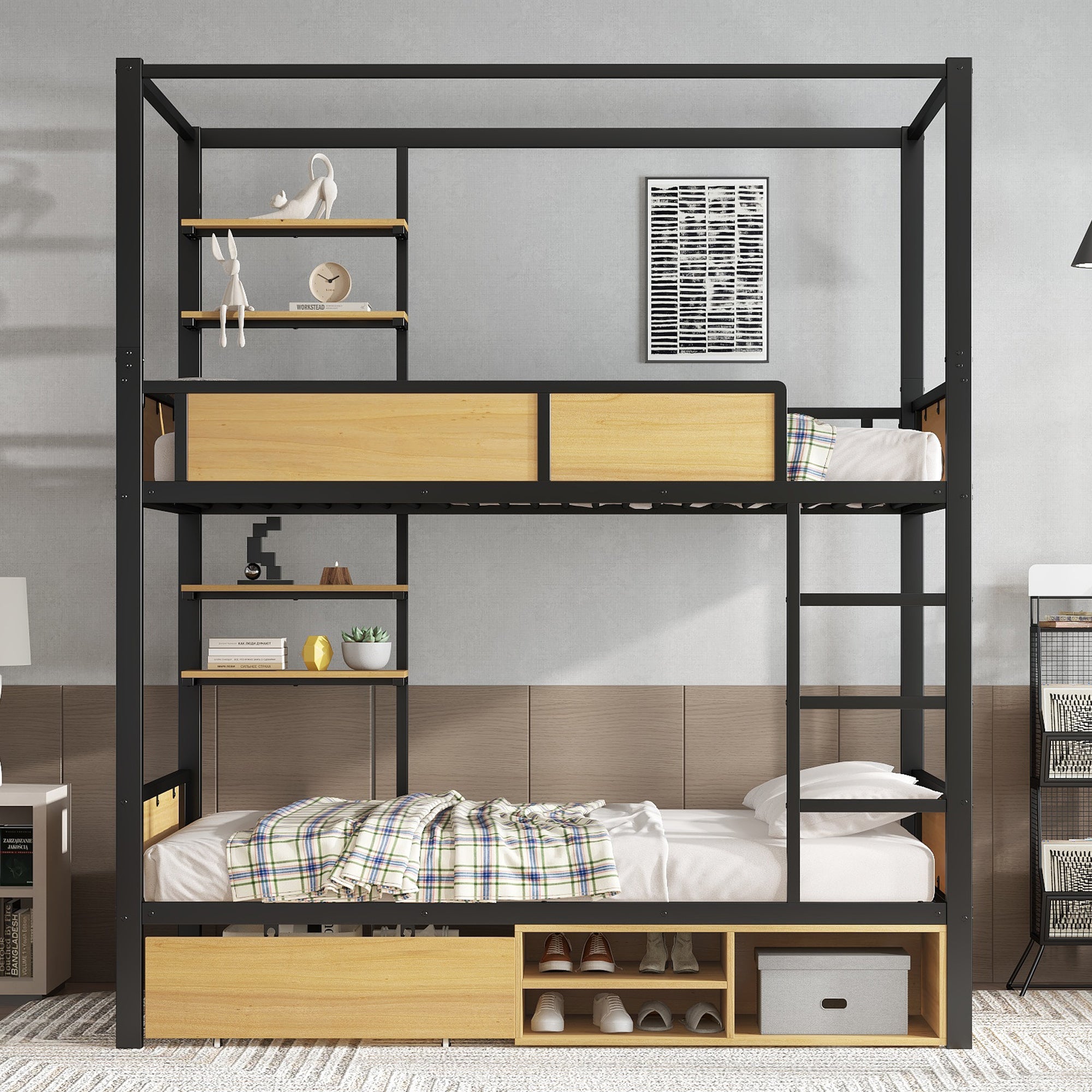 Bunk Bed, Iron & MDF, Double Shelf, Under Bed Storage, Black & Natural