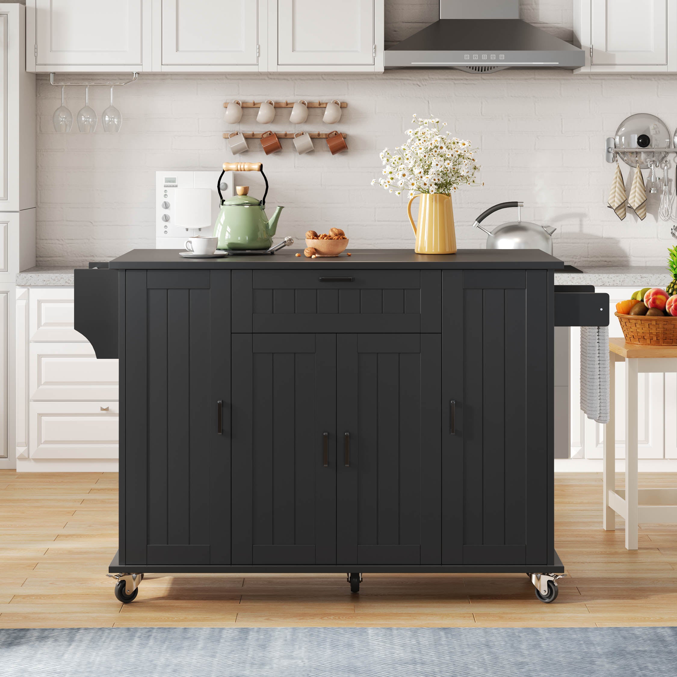 Mobile Kitchen Island with Folding Worktop and Storage Cabinet 4 Doors Black