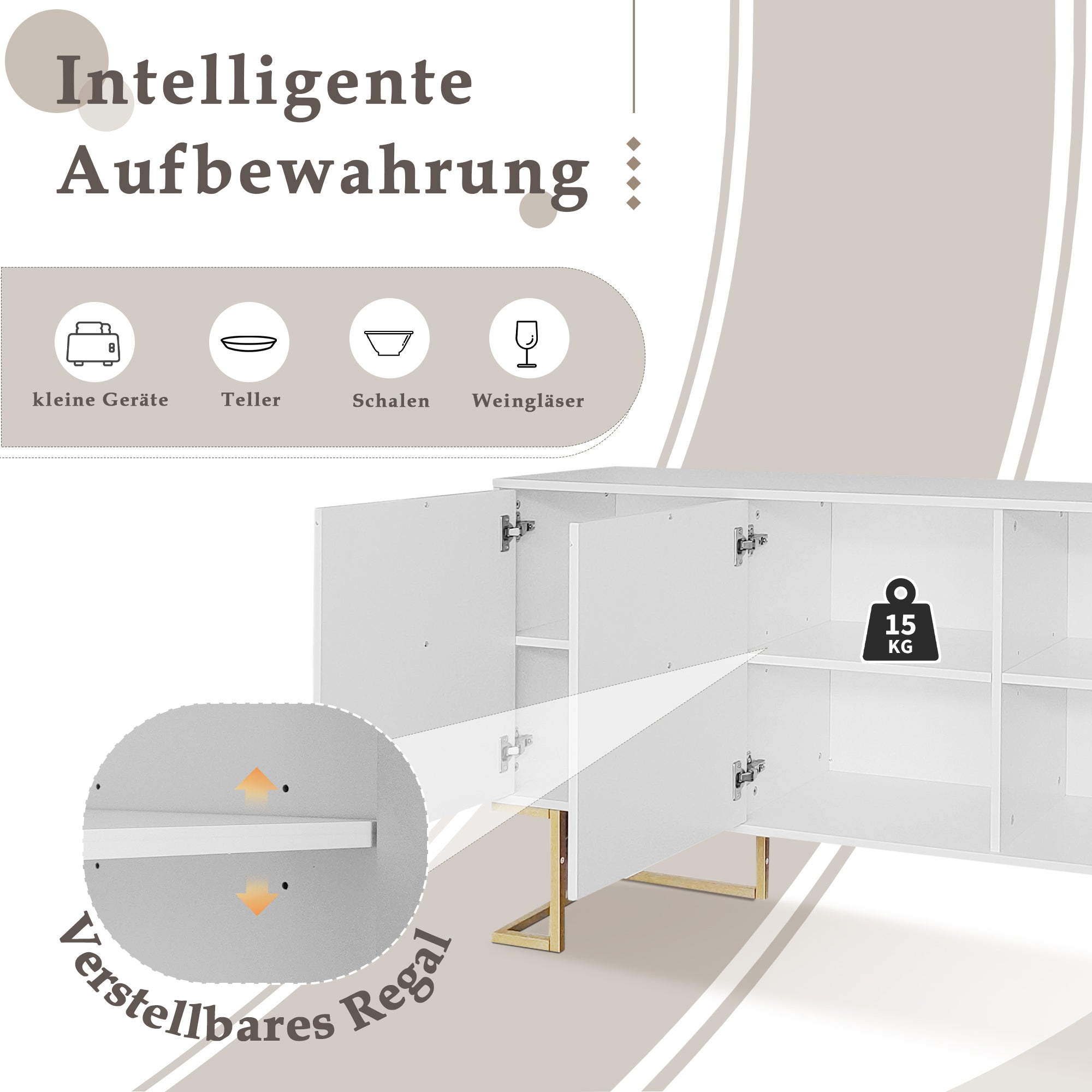 Sideboard, 3-Door with Adjustable Shelves, U-Shaped Cabinet Doors, Metal Handles, White