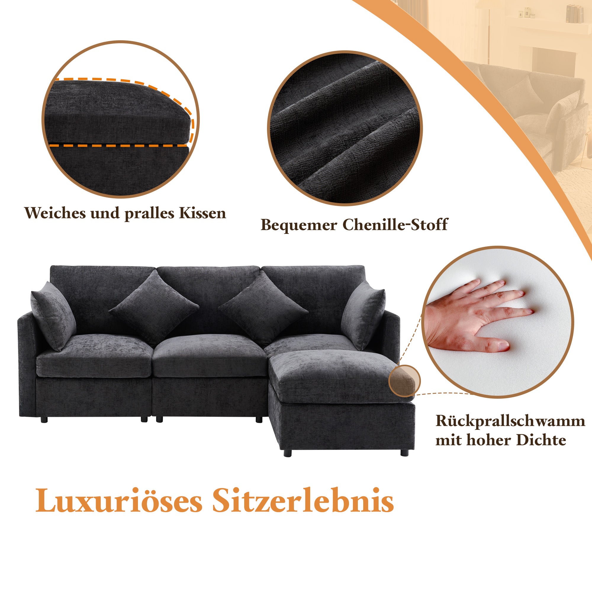 Sofa, Three-Seater, Four-Seater, L-Shaped Corner with Footstool, Chenille Fabric