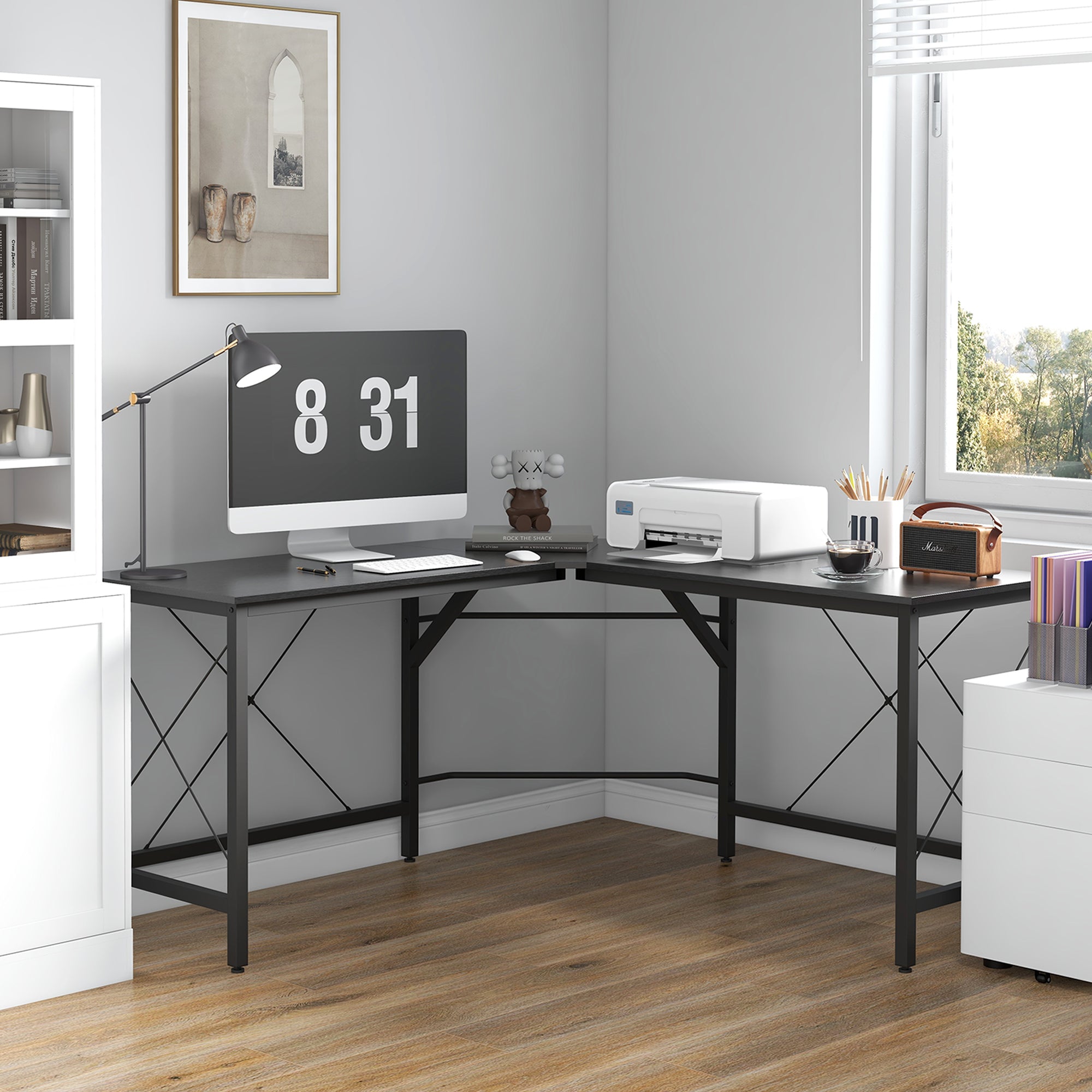 L-shaped Corner Computer Desk, 150x150x76cm Modern Office/Home Desk, Black MDF