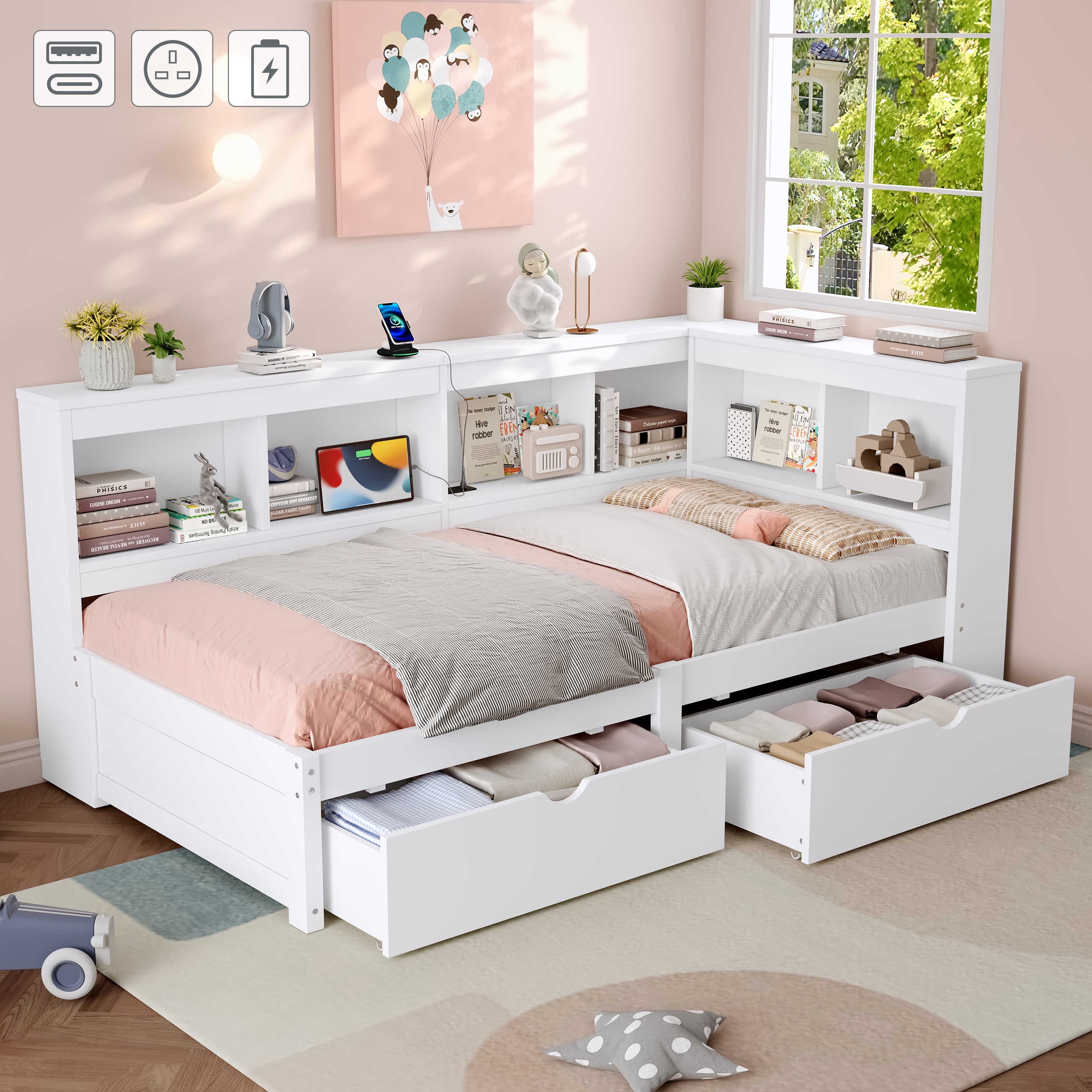 3ft Single L-Shape Daybed with Two Storage Drawers, Bookcase Storage, and Charging Station, Wood White