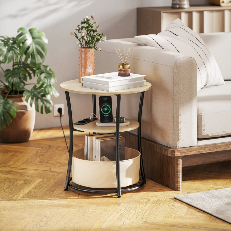Side Table, 3-Tier with Charging Station & Storage Bag, Natural Wood